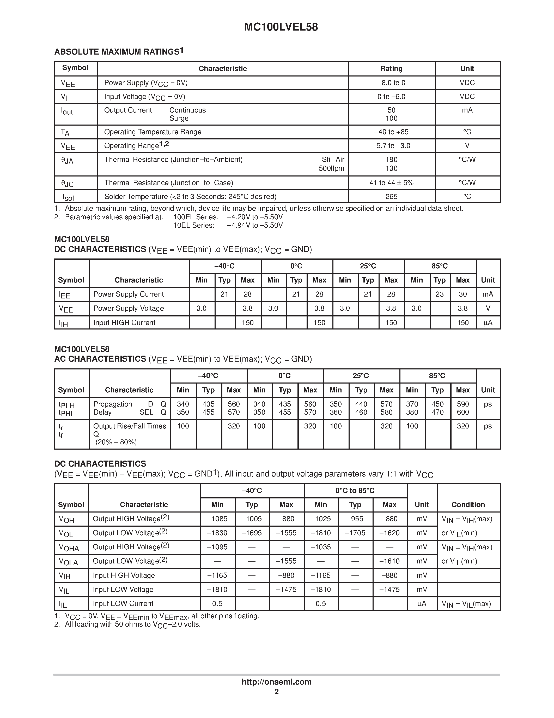 Даташит MC100LVEL58D - 2:1 Multiplexer страница 2