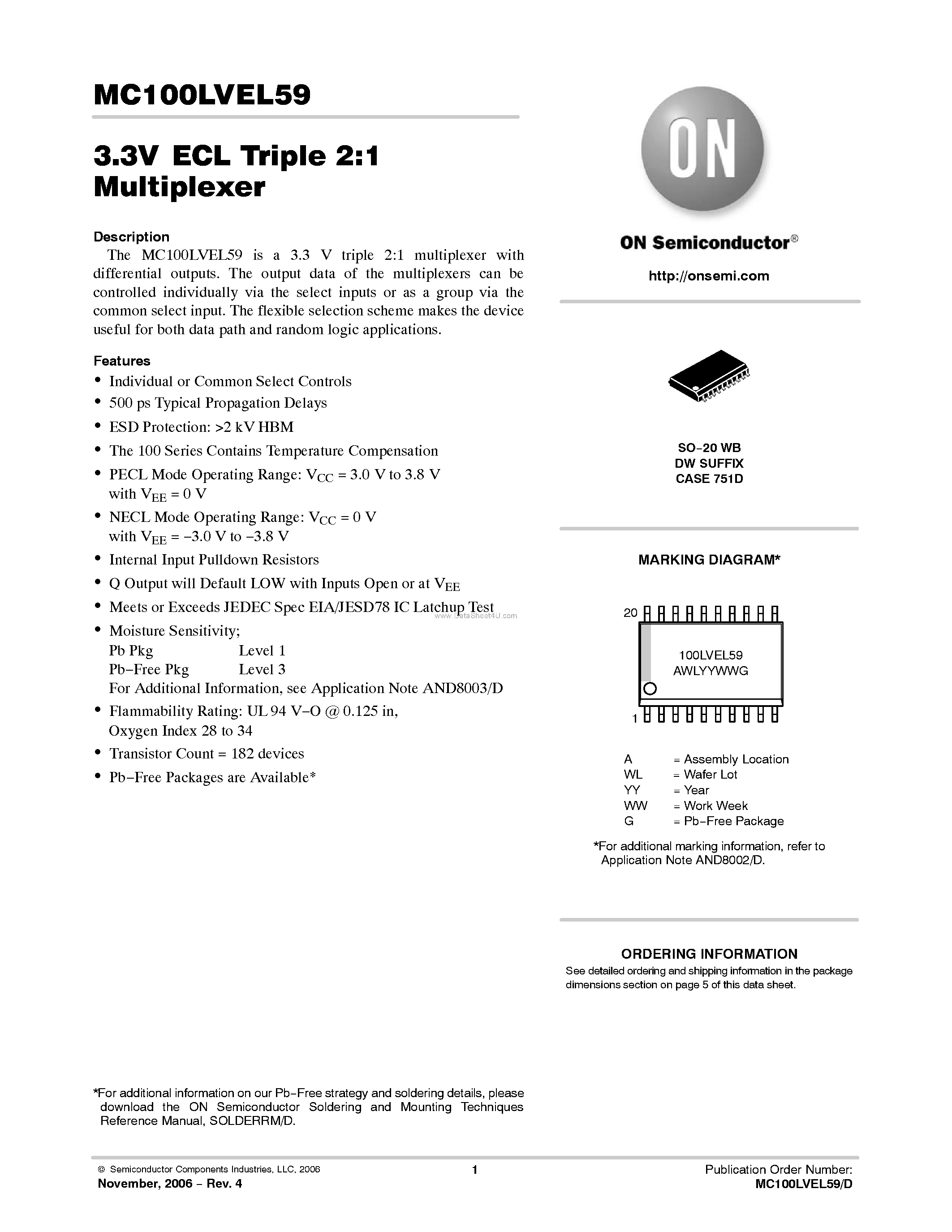 Даташит MC100LVEL59 - Triple 2:1 Multiplexer страница 1
