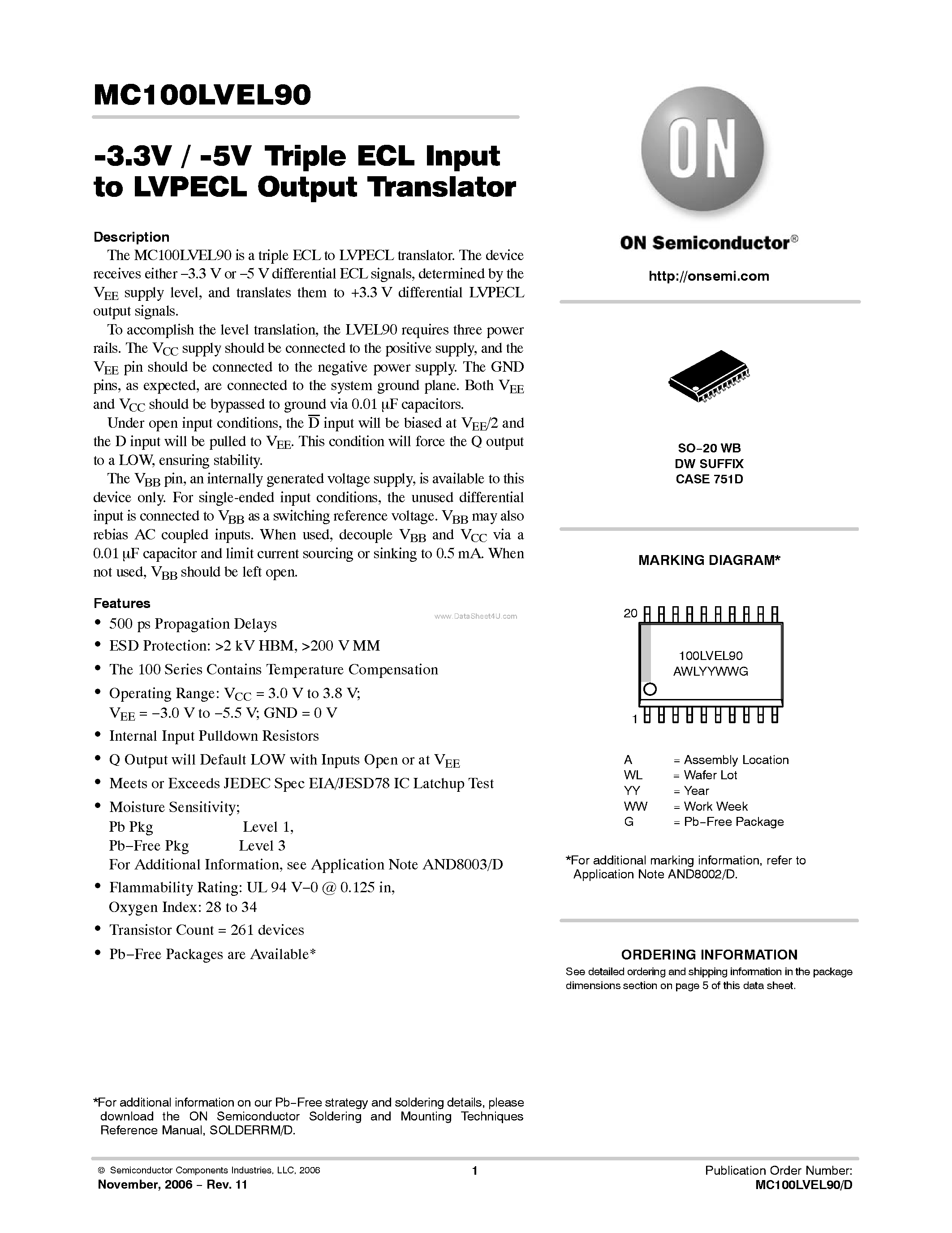 Даташит MC100LVEL90 - Triple ECL to PECL Translator страница 1