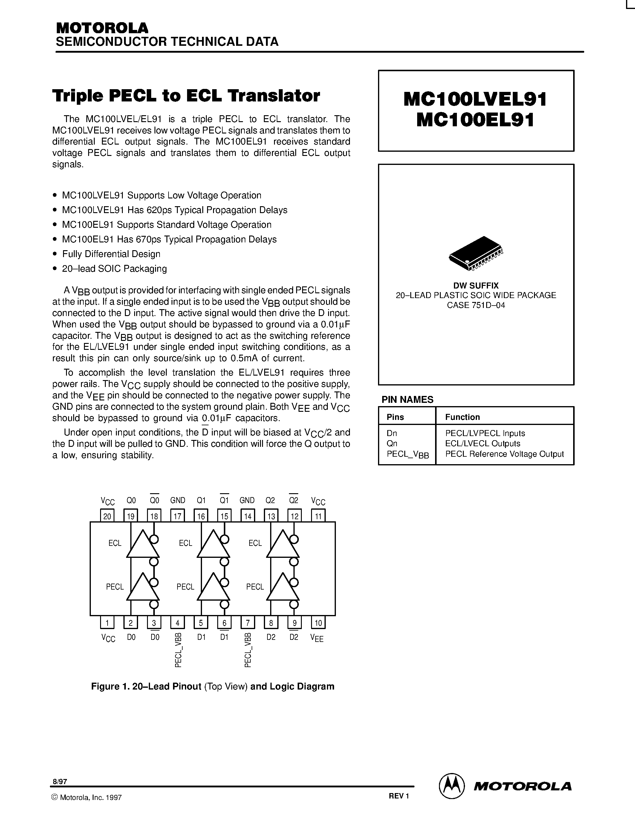 Даташит MC100LVEL91DW - Triple PECL to ECL T ranslator страница 1