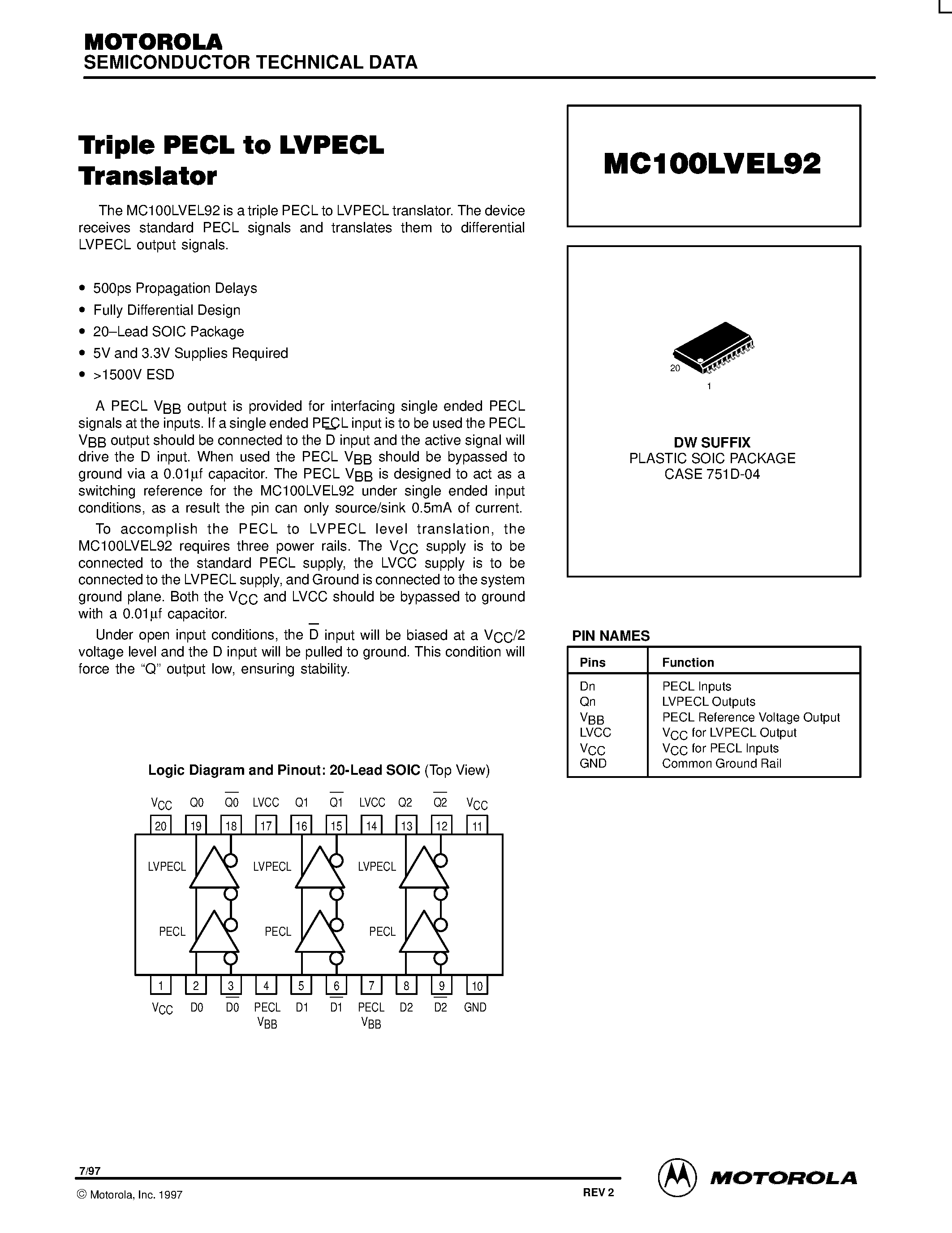 Даташит MC100LVEL92DW - Triple PECL to LVPECL Translator страница 1