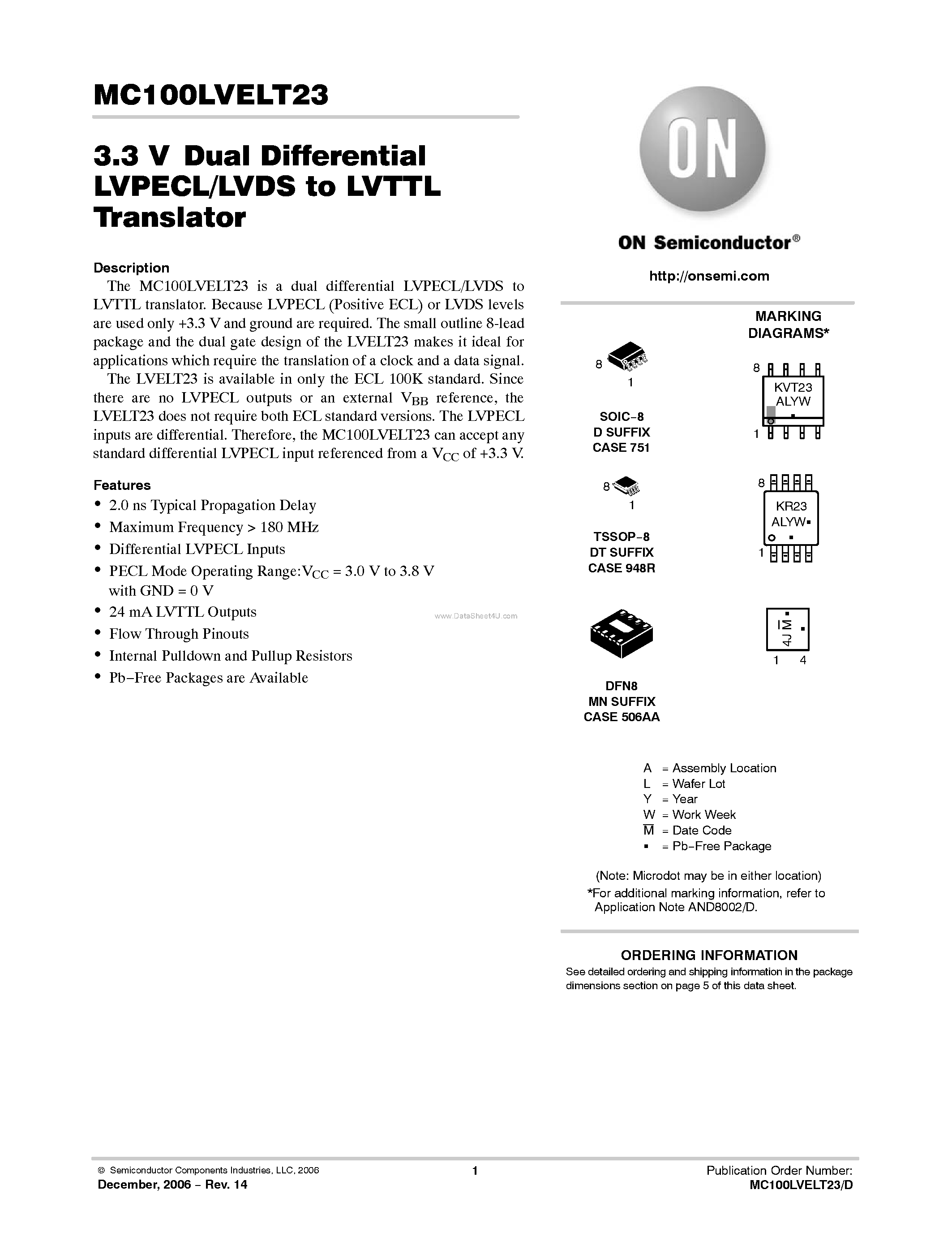 Даташит MC100LVELT23 - Dual Differential LVPECL to TTL Translator страница 1