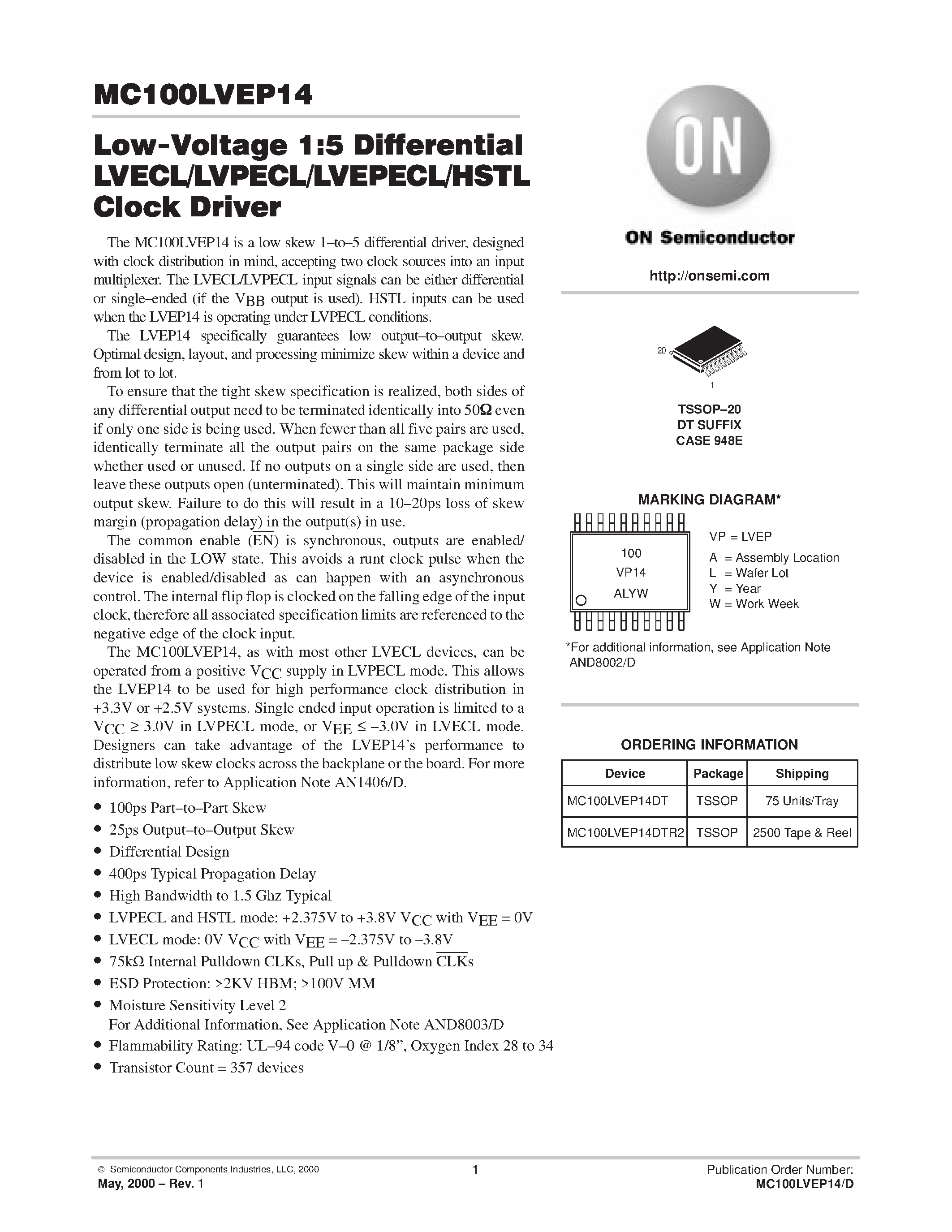 Даташит MC100LVEP14 - Low-Voltage 1:5 Differential LVECL/LVPECL/LVEPECL/HSTL Clock Driver страница 1