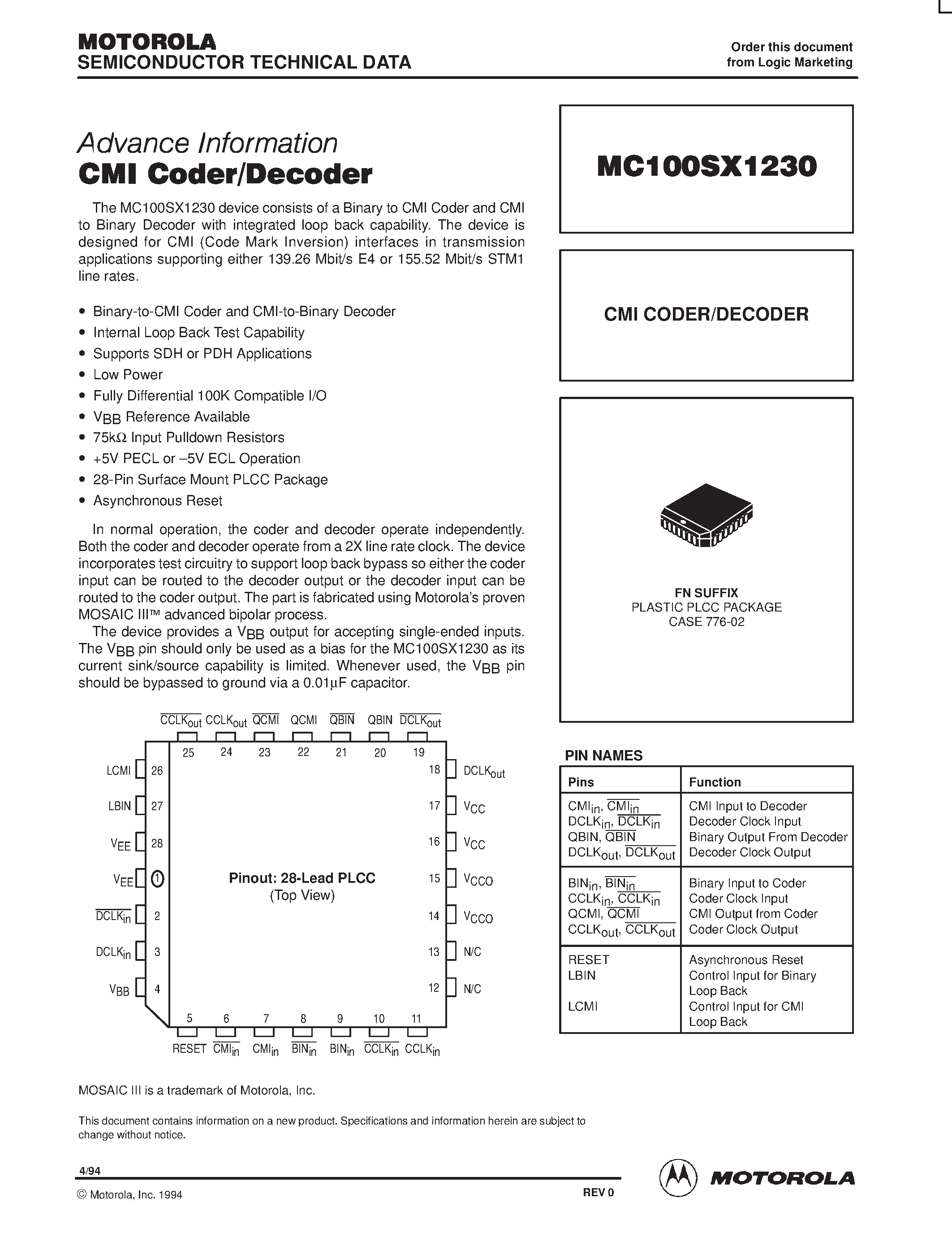 Даташит MC100SX1230 - CMI CODER/DECODER страница 1