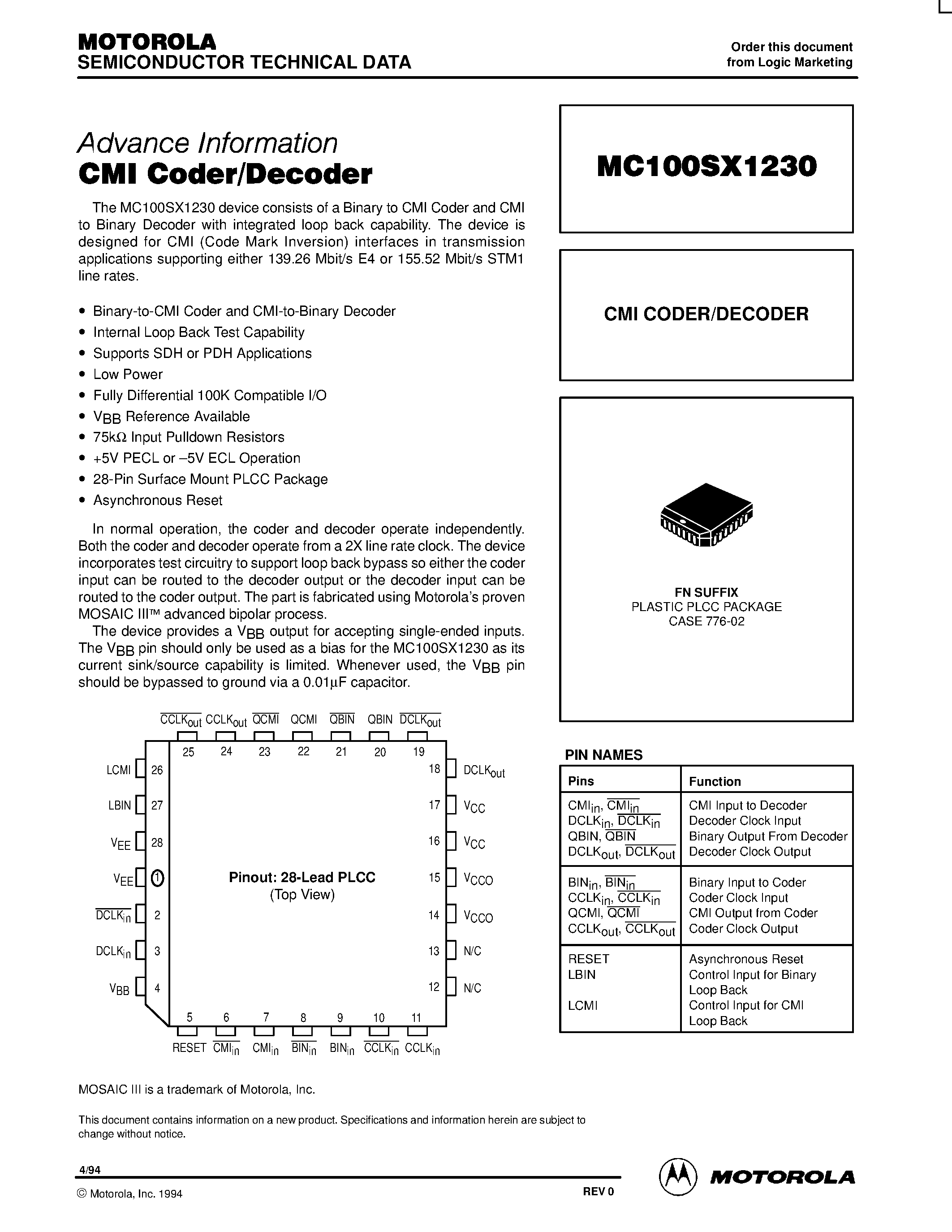 Даташит MC100SX1230FN - CMI Coder/Decoder страница 1