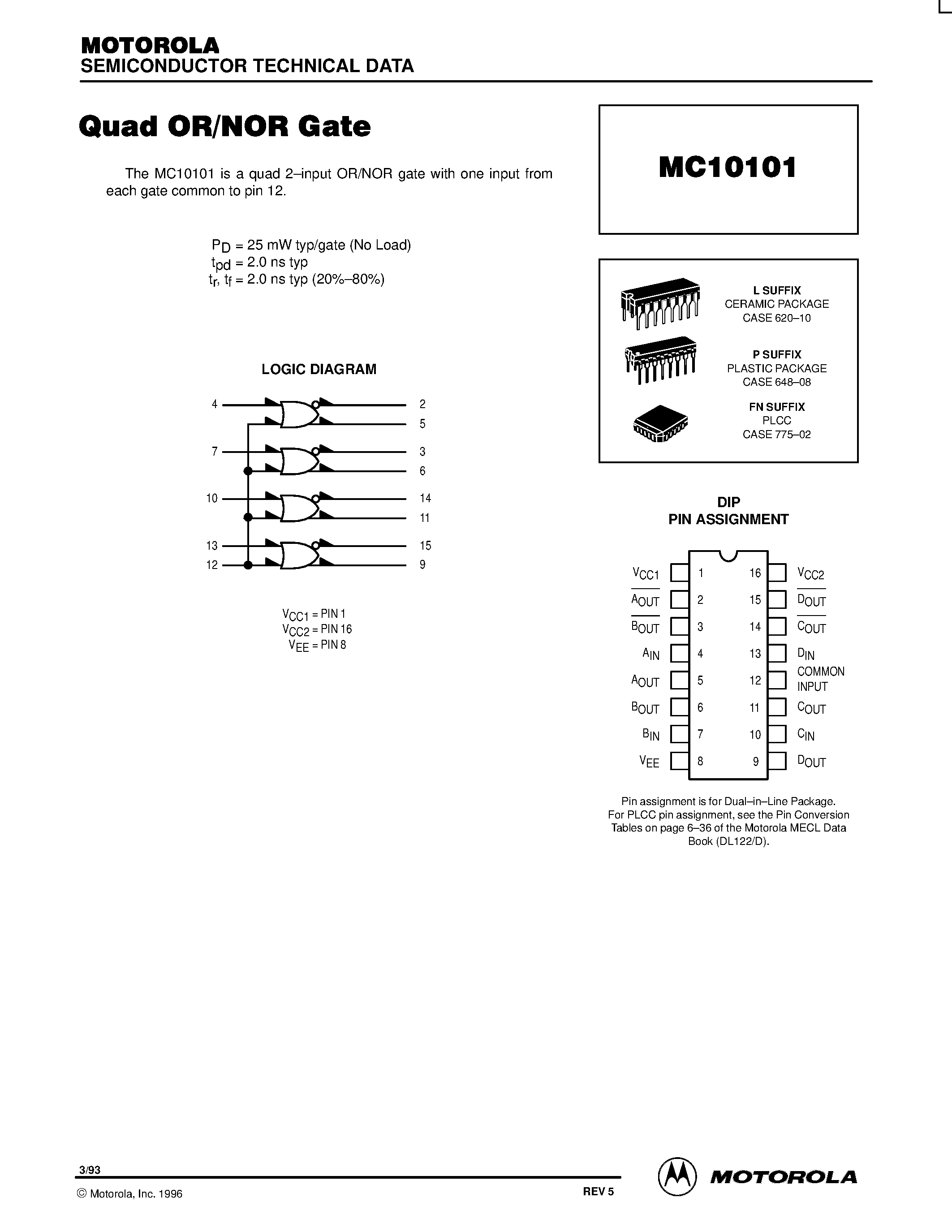 Даташит MC10101FN - Quald OR/NOR Gate страница 1