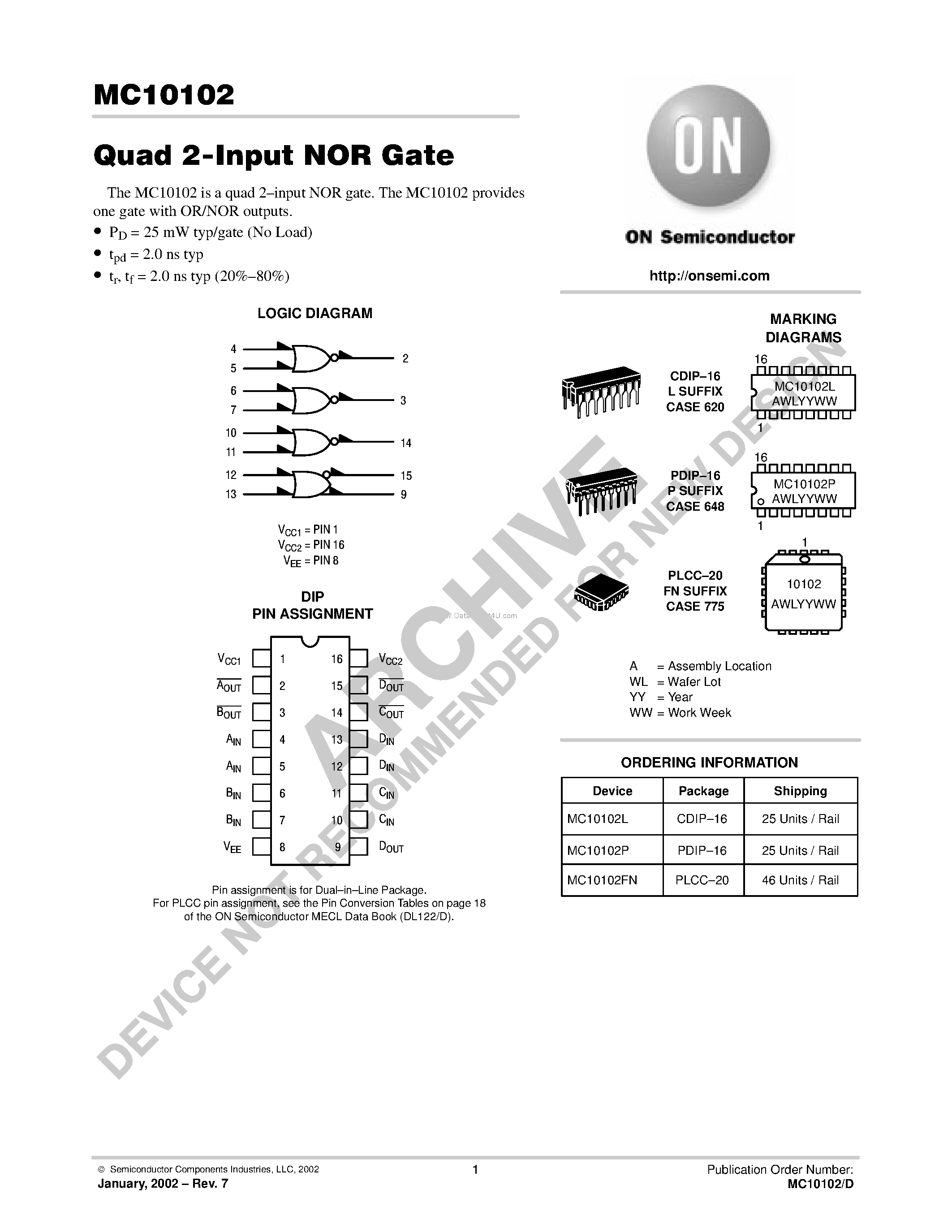 Даташит MC10102 - Quad 2-Input NOR Gate страница 1