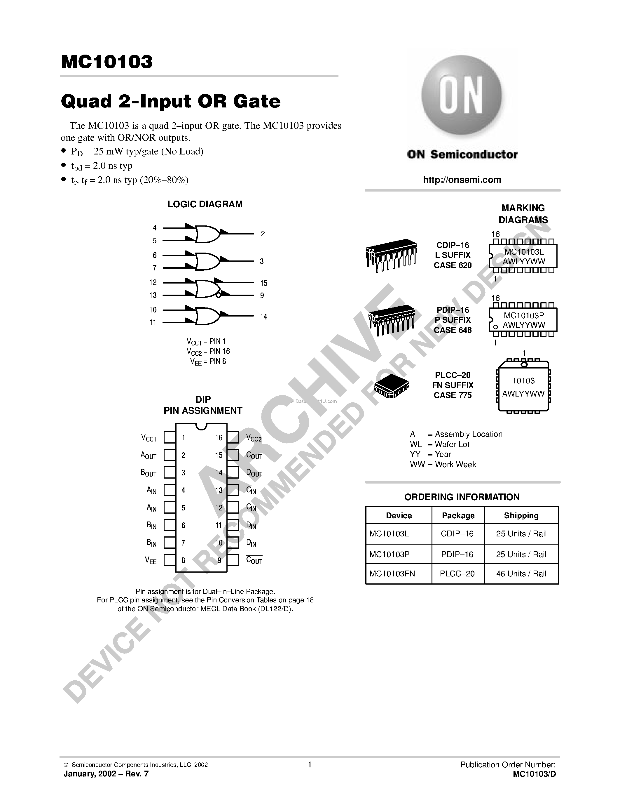 Даташит MC10103 - Quad 2-Input OR Gate страница 1