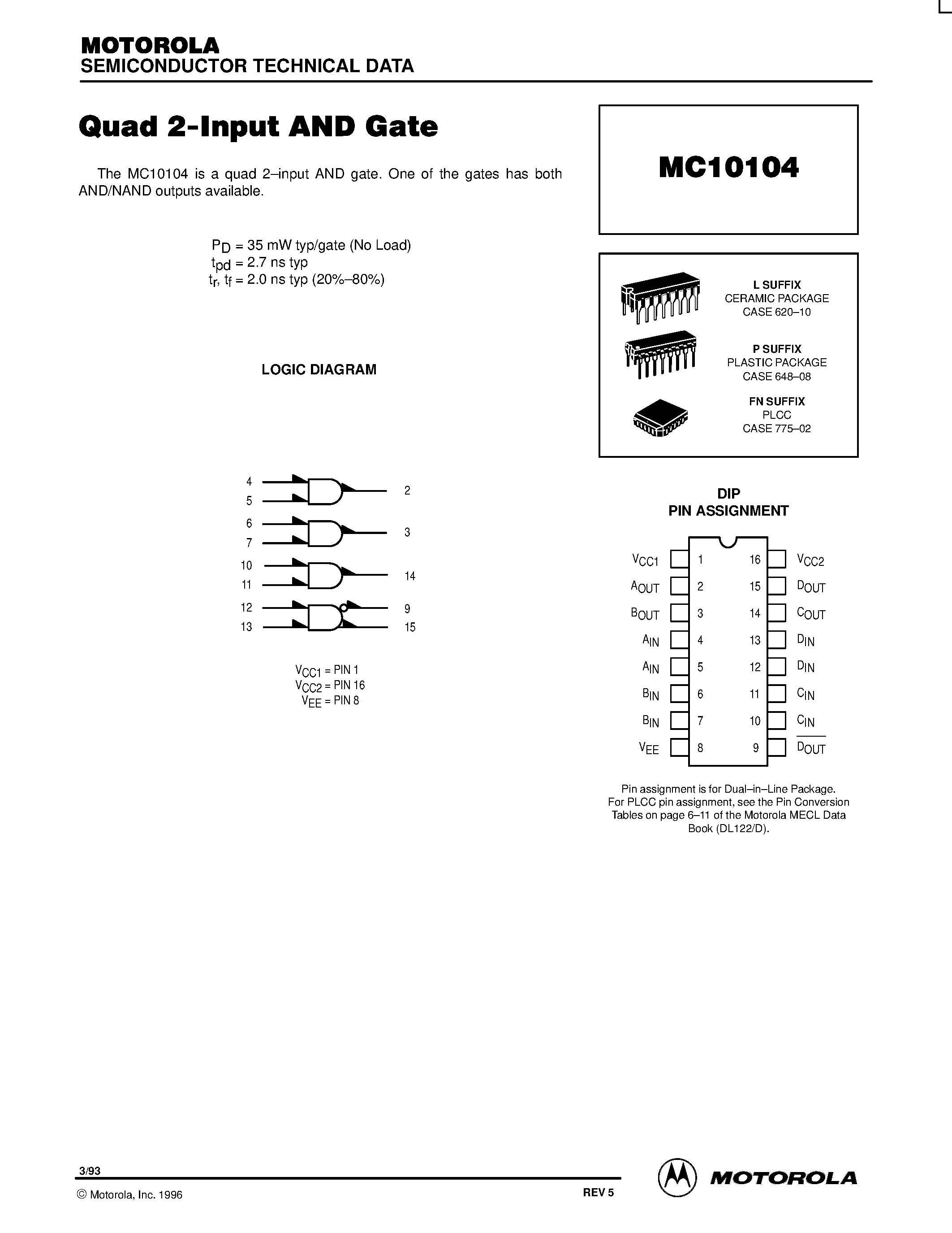 Даташит MC10104L - Quad 2-Input AND Gate страница 1