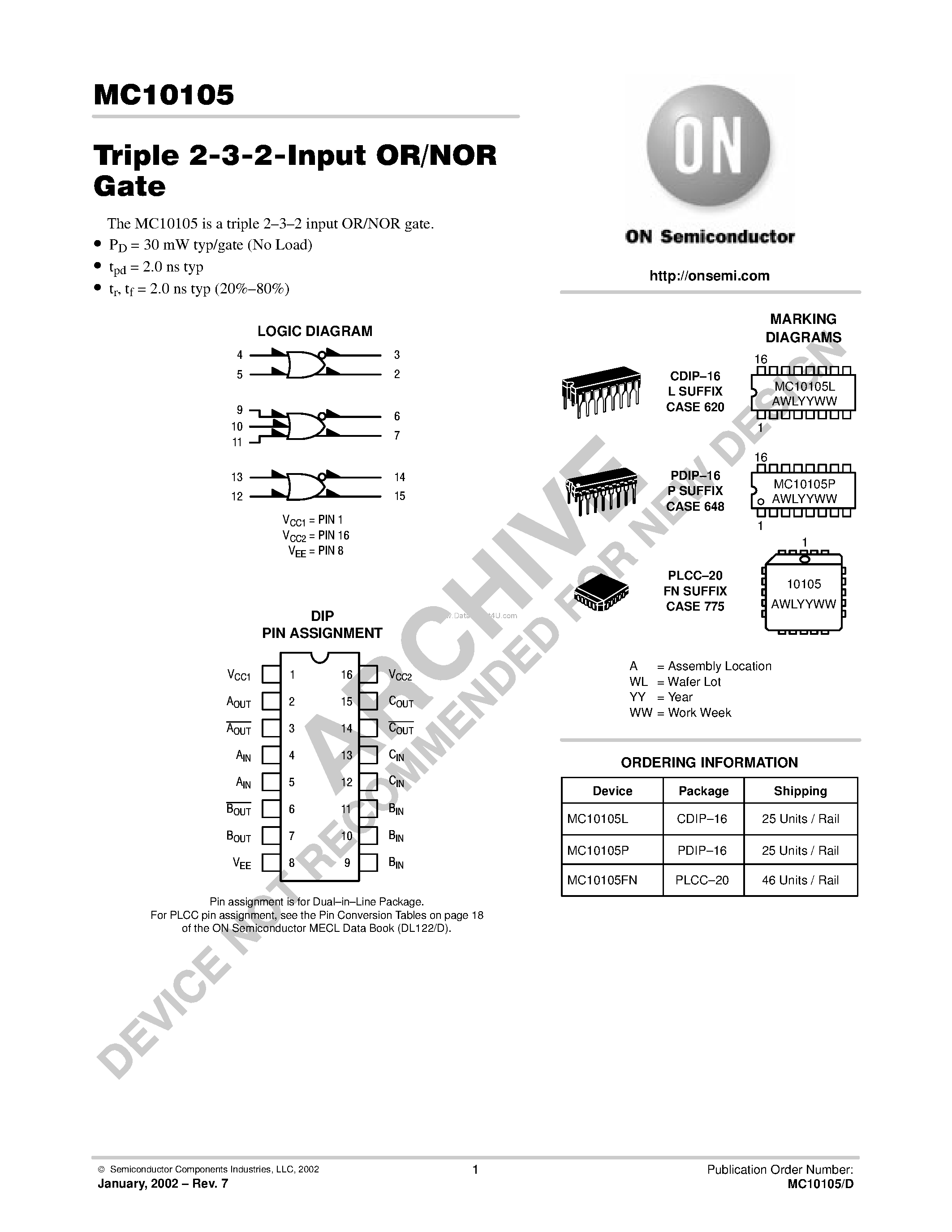 Даташит MC10105 - Triple 2-3-2-Input OR/NOR Gate страница 1