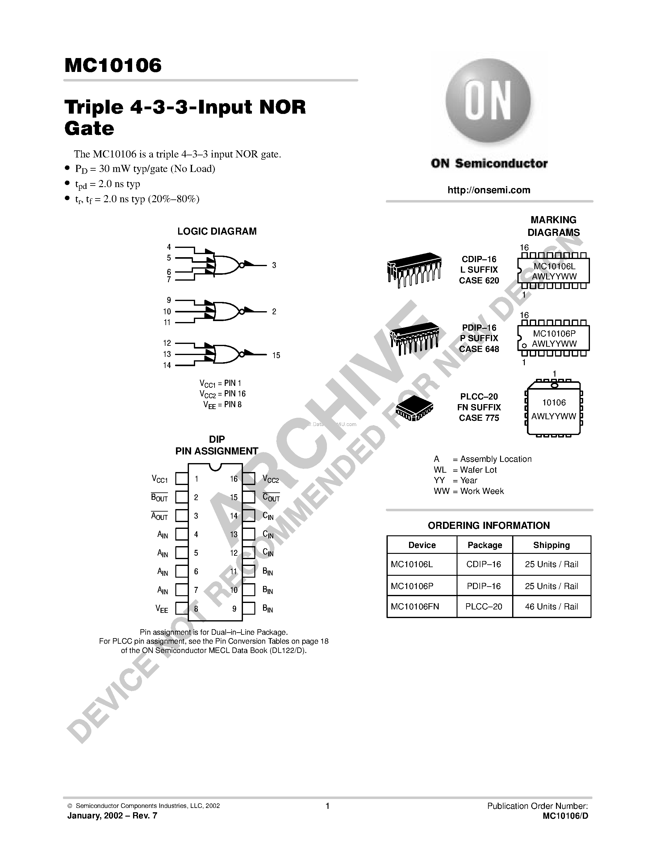 Datasheet MC10106 - Triple 4-3-3-Input NOR Gate page 1