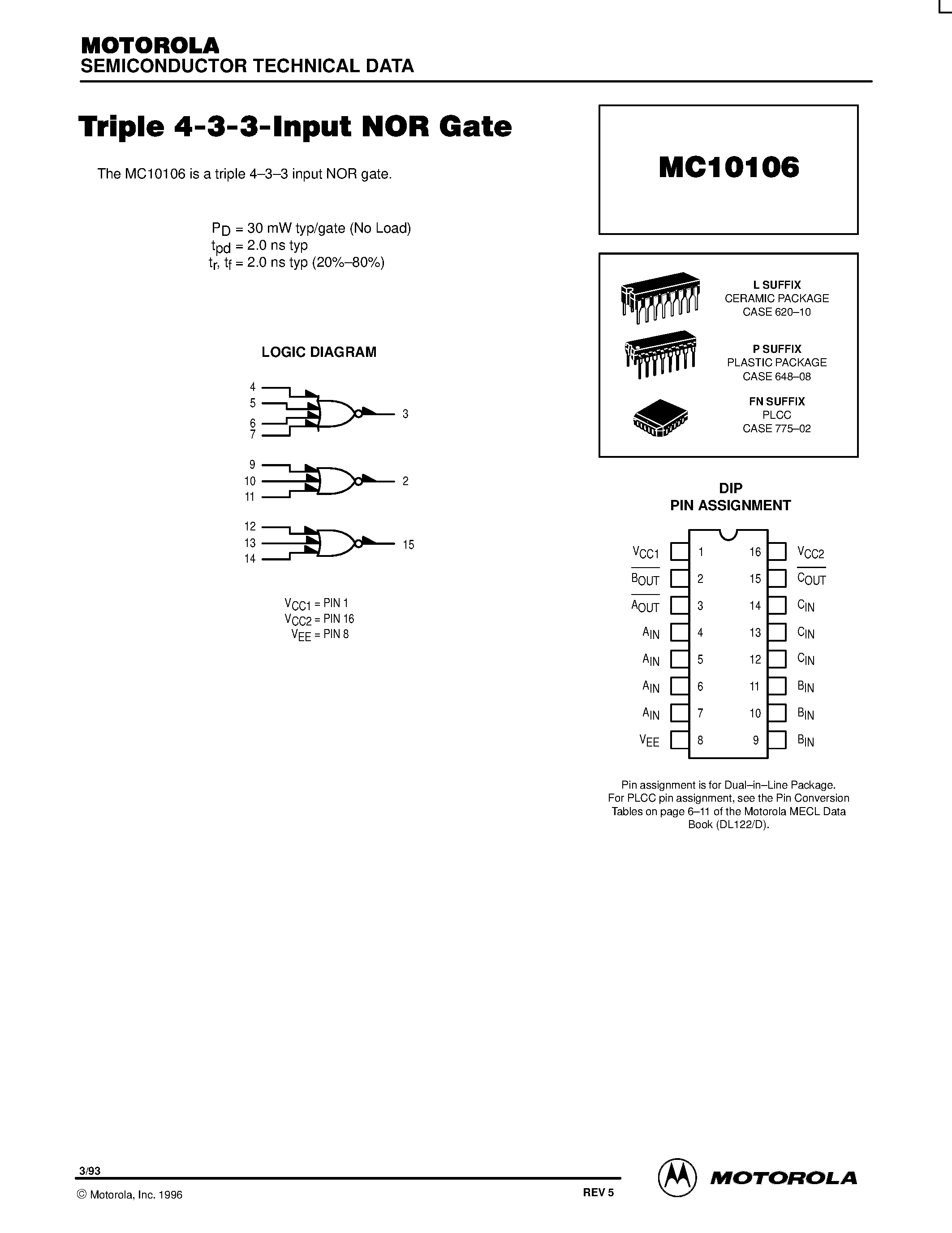 Даташит MC10106FN - Triple 4-3-3-Input NOR Gate страница 1