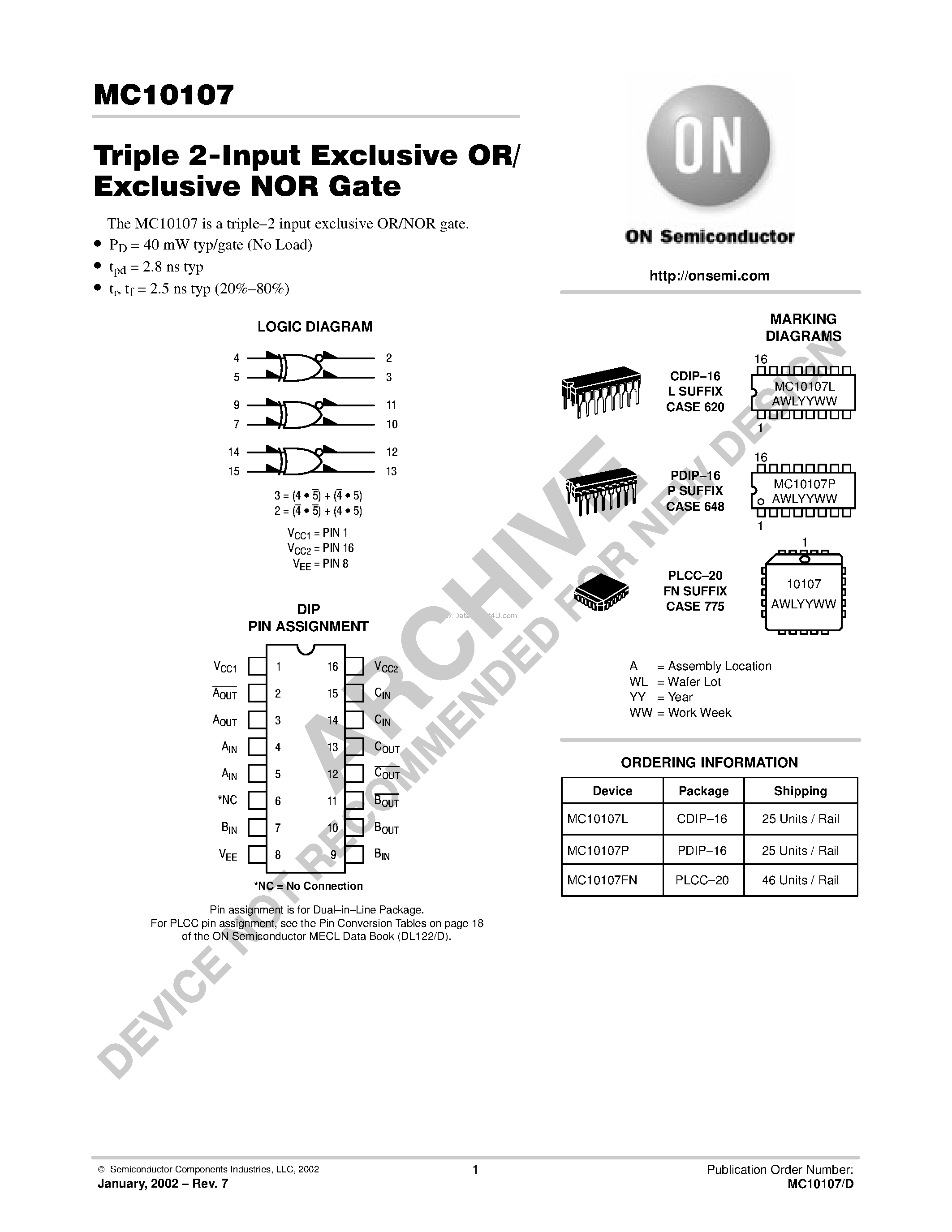 Даташит MC10107 - Triple 2-Input Exclusive OR/Exclusive NOR Gate страница 1