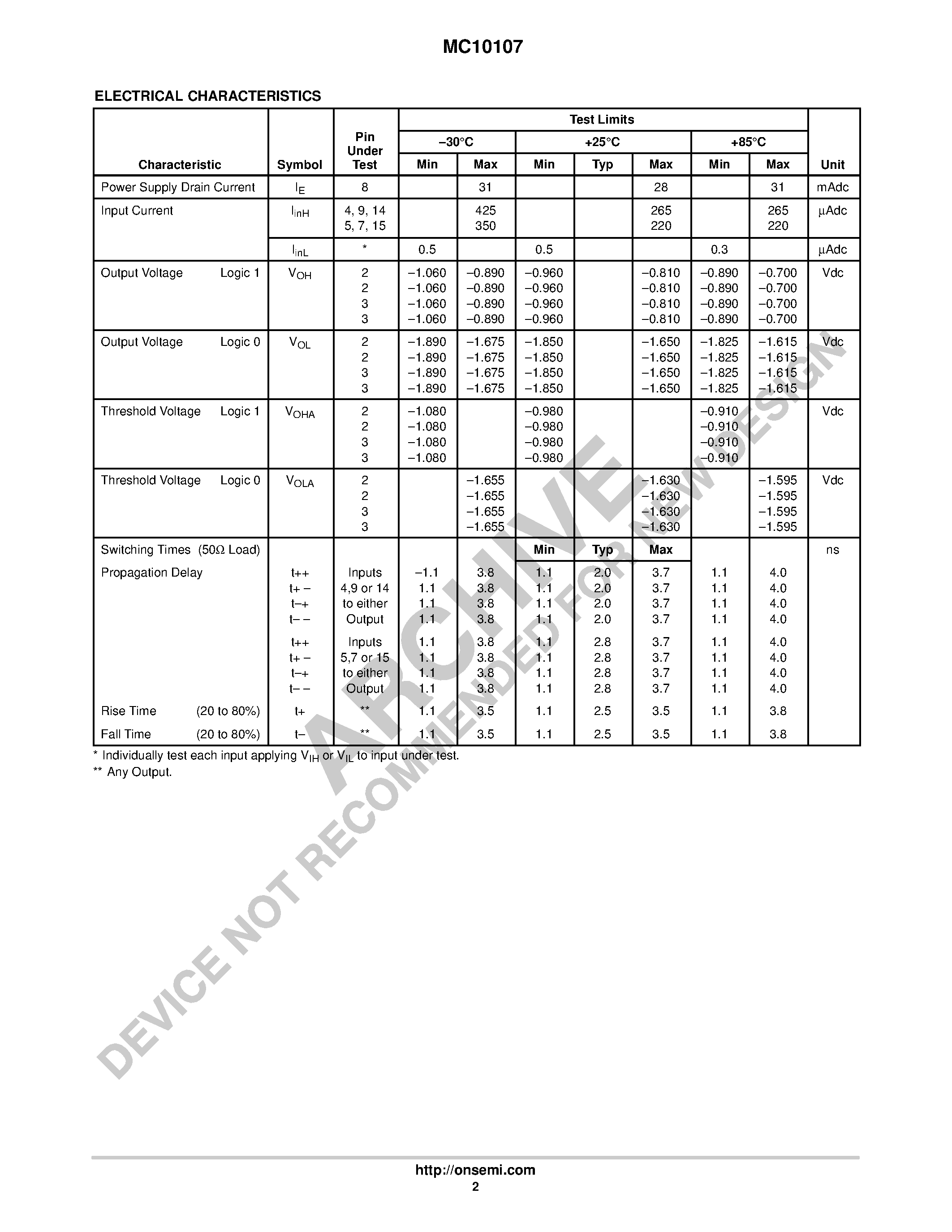Даташит MC10107 - Triple 2-Input Exclusive OR/Exclusive NOR Gate страница 2