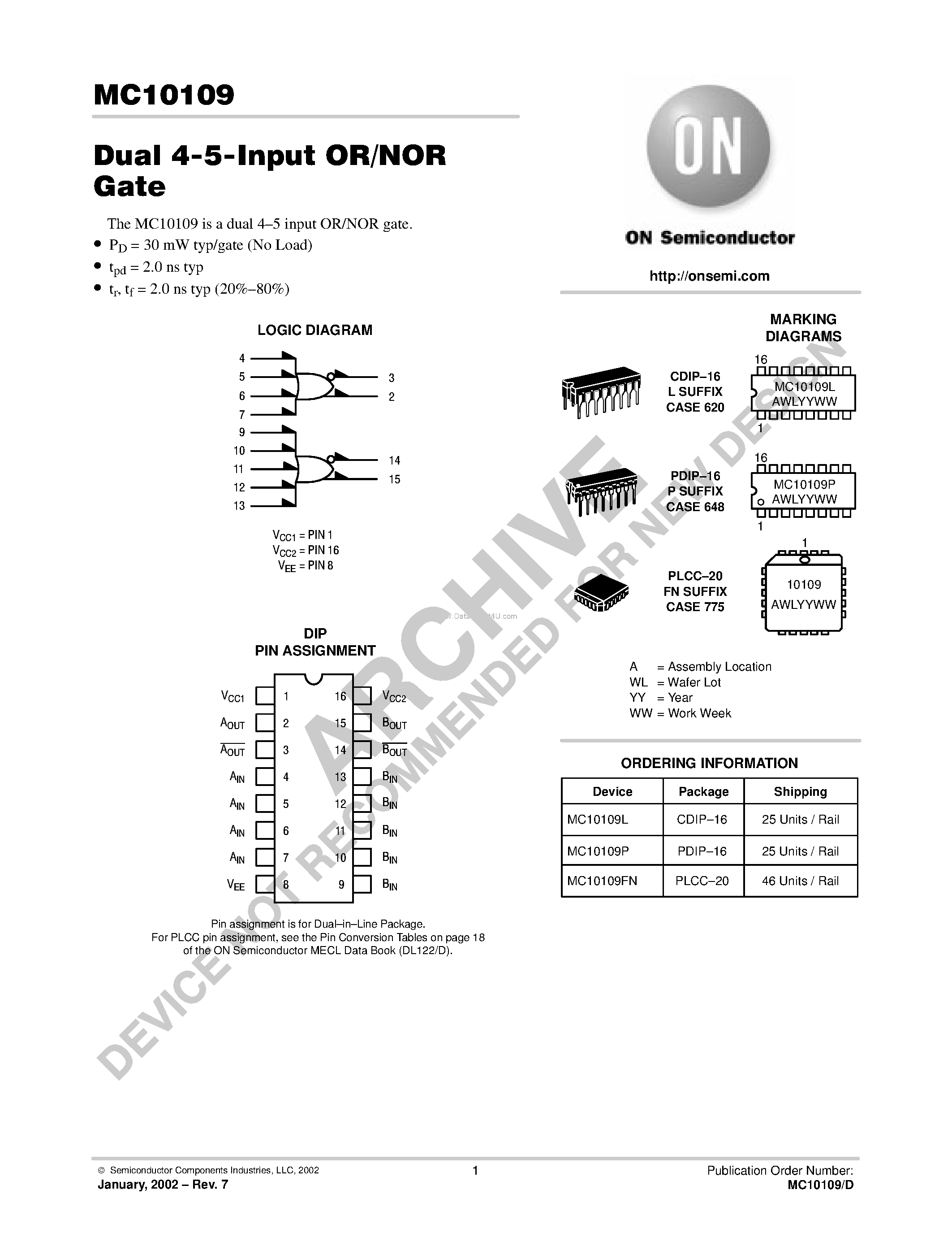 Datasheet MC10109 - Dual 4-5-Input OR/NOR Gate page 1