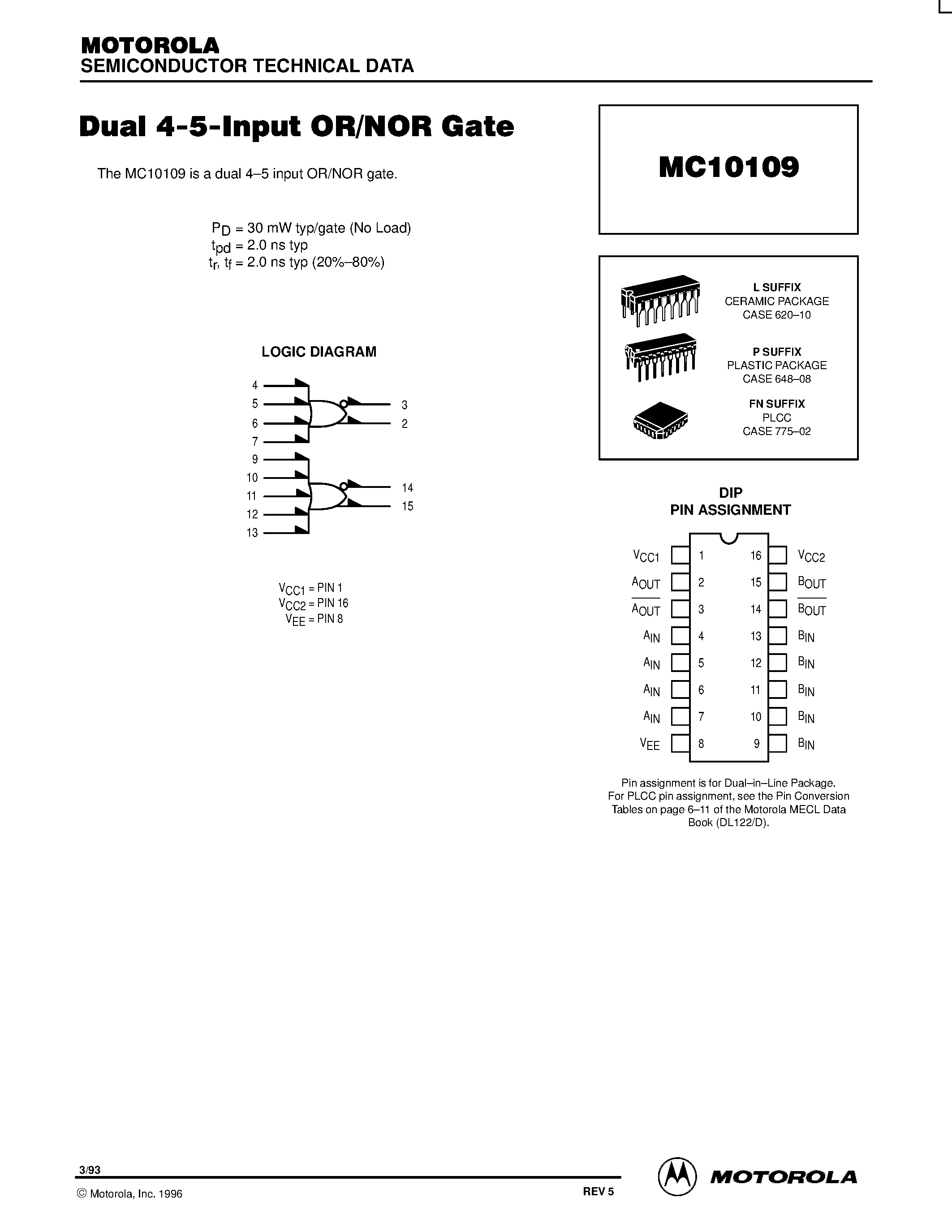 Datasheet MC10109P - Dual 4-5-Input OR/NOR Gate page 1
