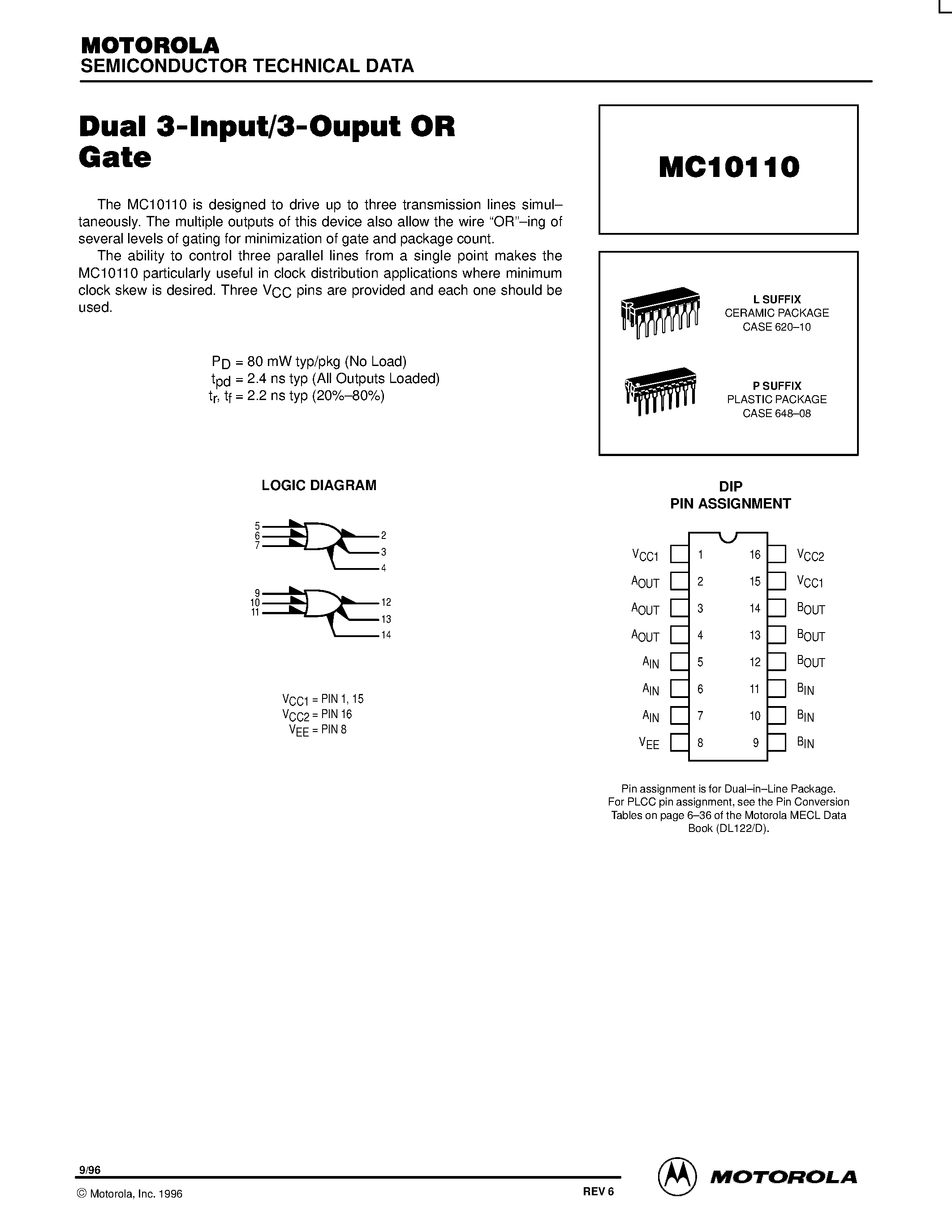 Даташит MC10110L - Dual 3-Input/3-Ouput OR Gate страница 1