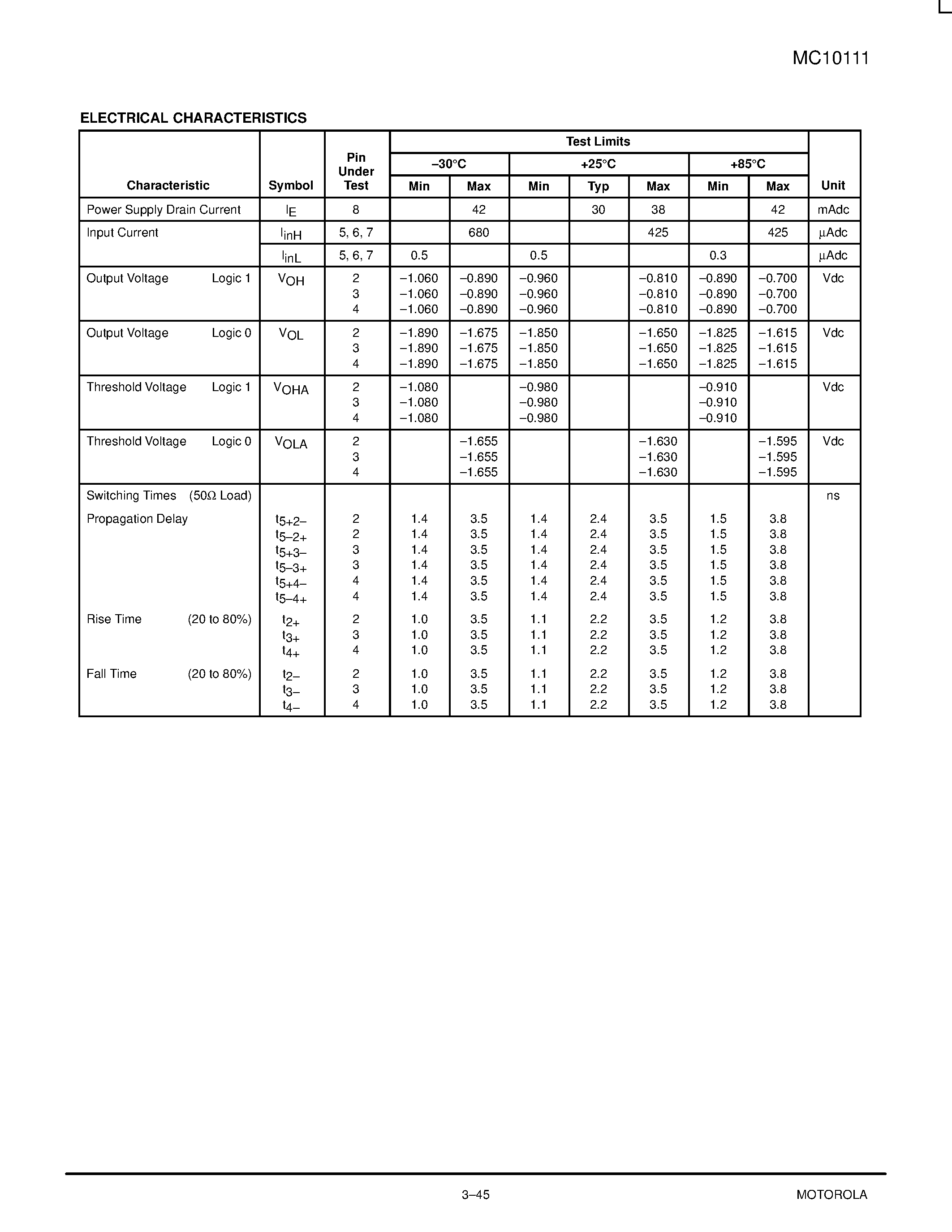 Даташит MC10111L - Dual 3-Input/3-Output NOR Gate страница 2