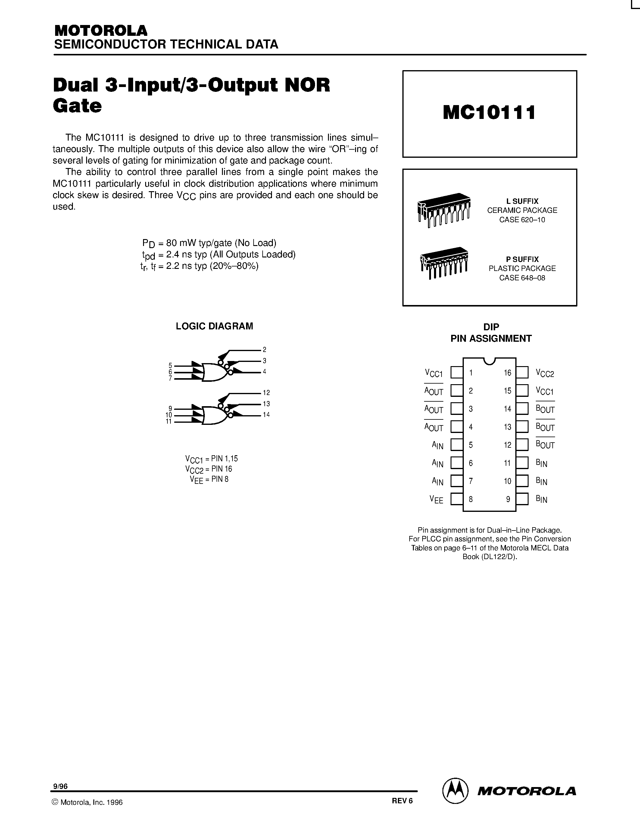 Даташит MC10111P - Dual 3-Input/3-Output NOR Gate страница 1