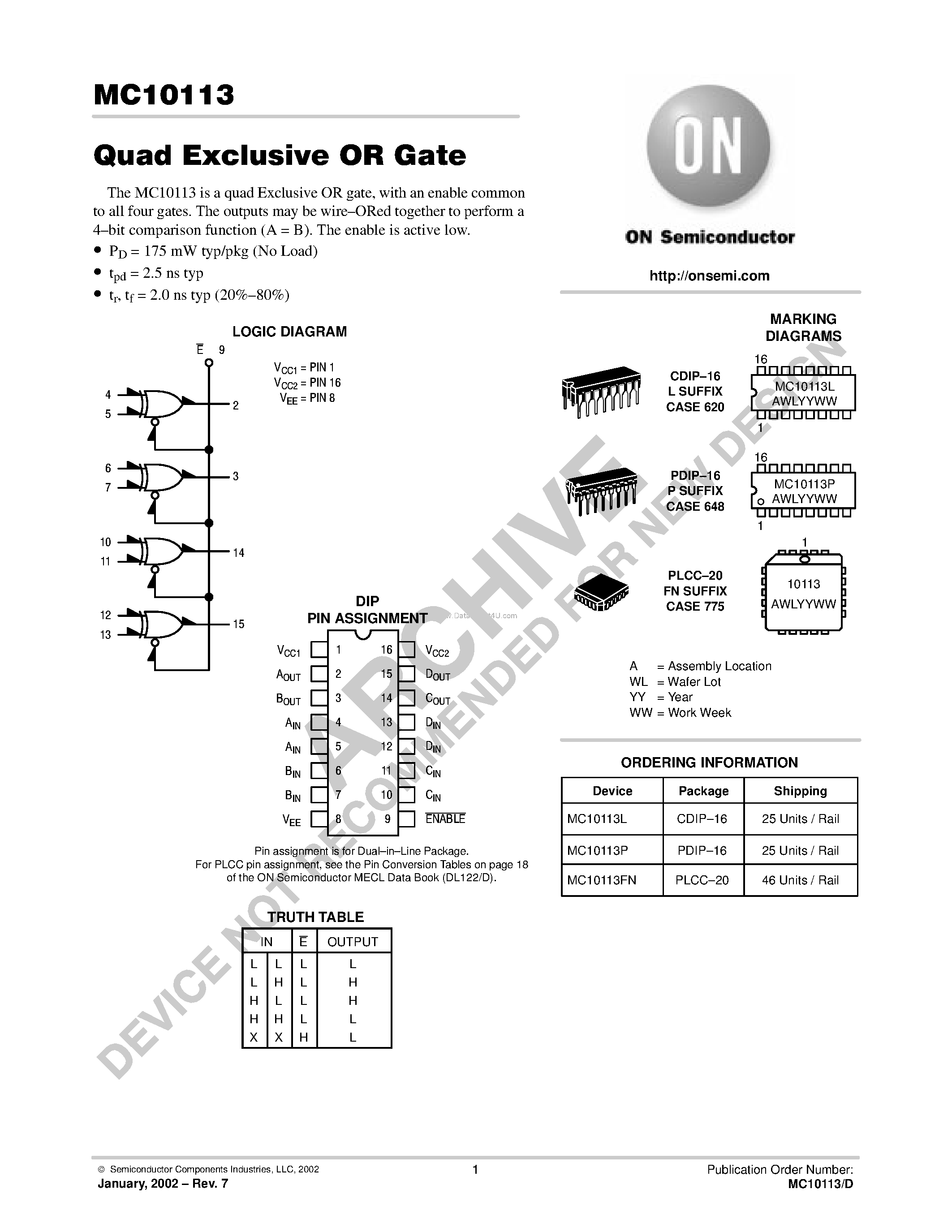 Даташит MC10113 - Quad Exclusive OR Gate страница 1