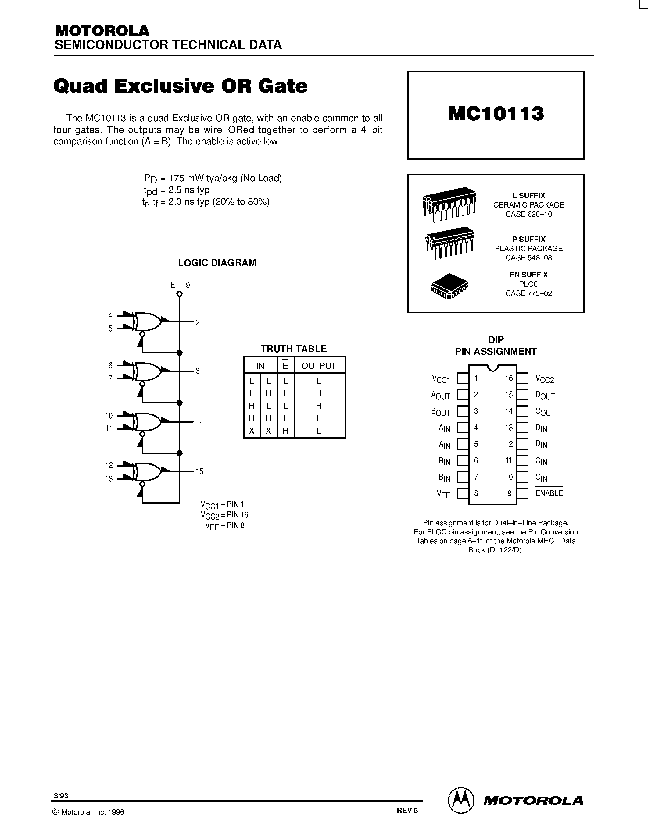 Даташит MC10113L - Quad Exclusive OR Gate страница 1