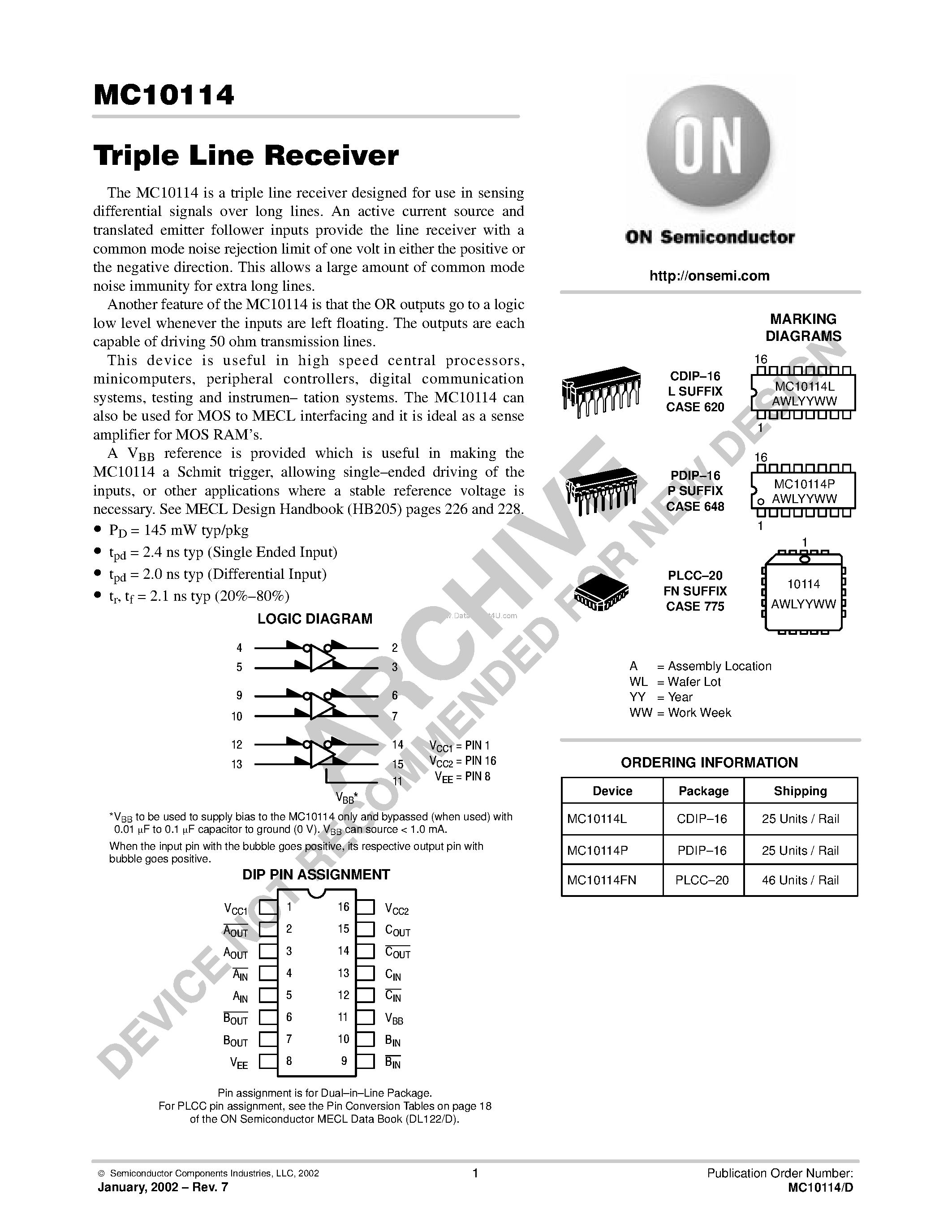 Даташит MC10114 - Triple Line Receiver страница 1