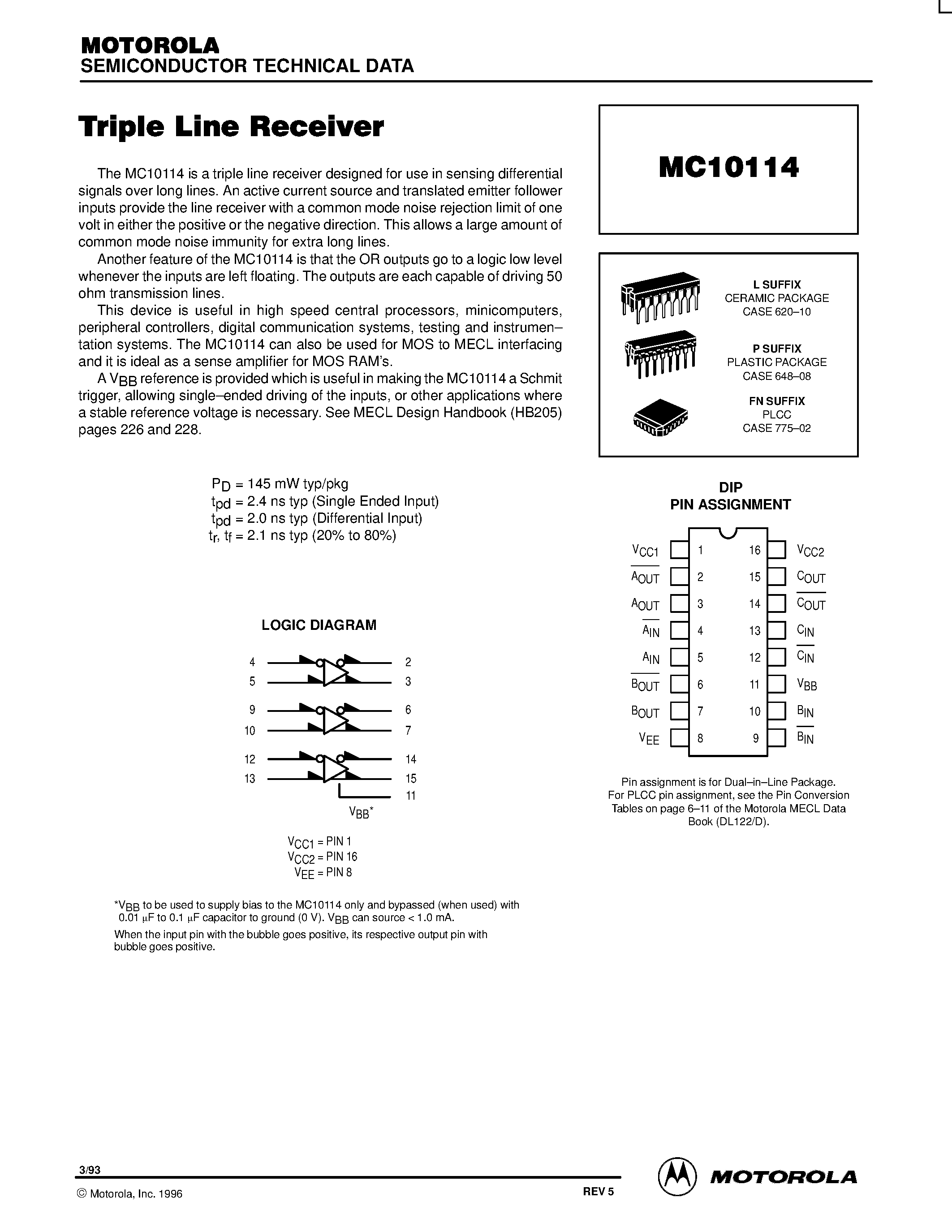 Даташит MC10114P - Triple Line Receiver страница 1