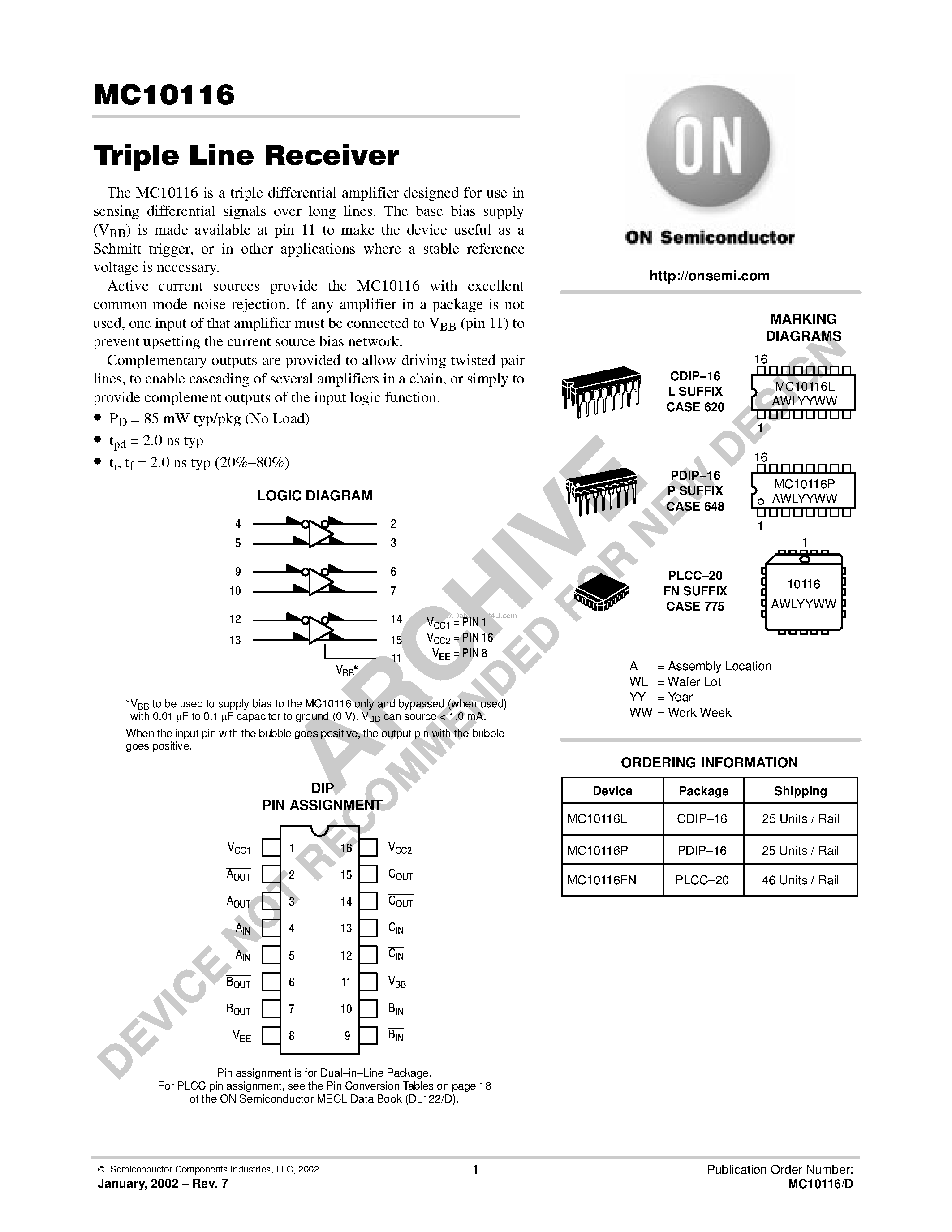 Даташит MC10116 - Triple Line Receiver страница 1