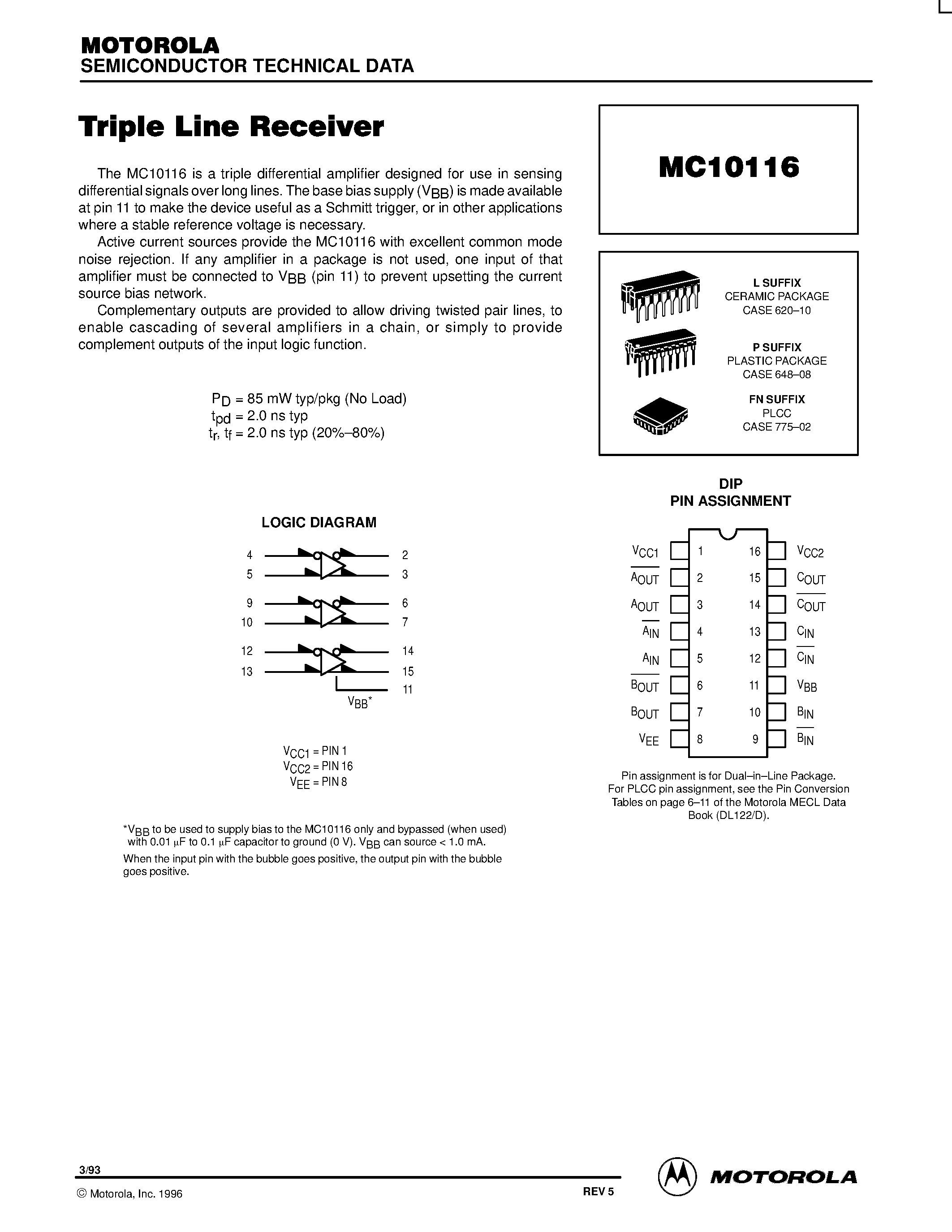 Даташит MC10116FN - Triple Line Receiver страница 1