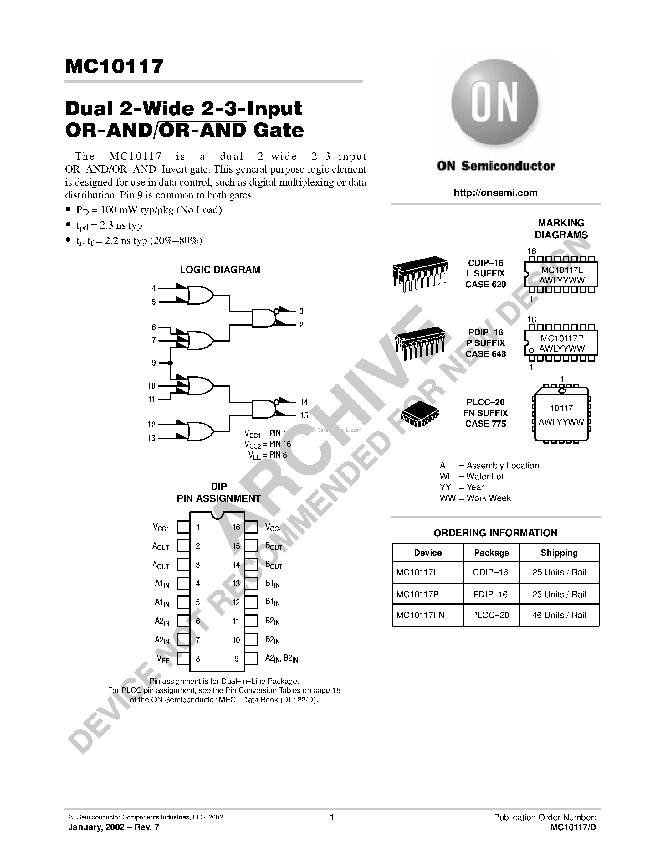 Даташит MC10117 - Dual 2-Wide 2-3-Input OR-AND/OR-AND Gate страница 1