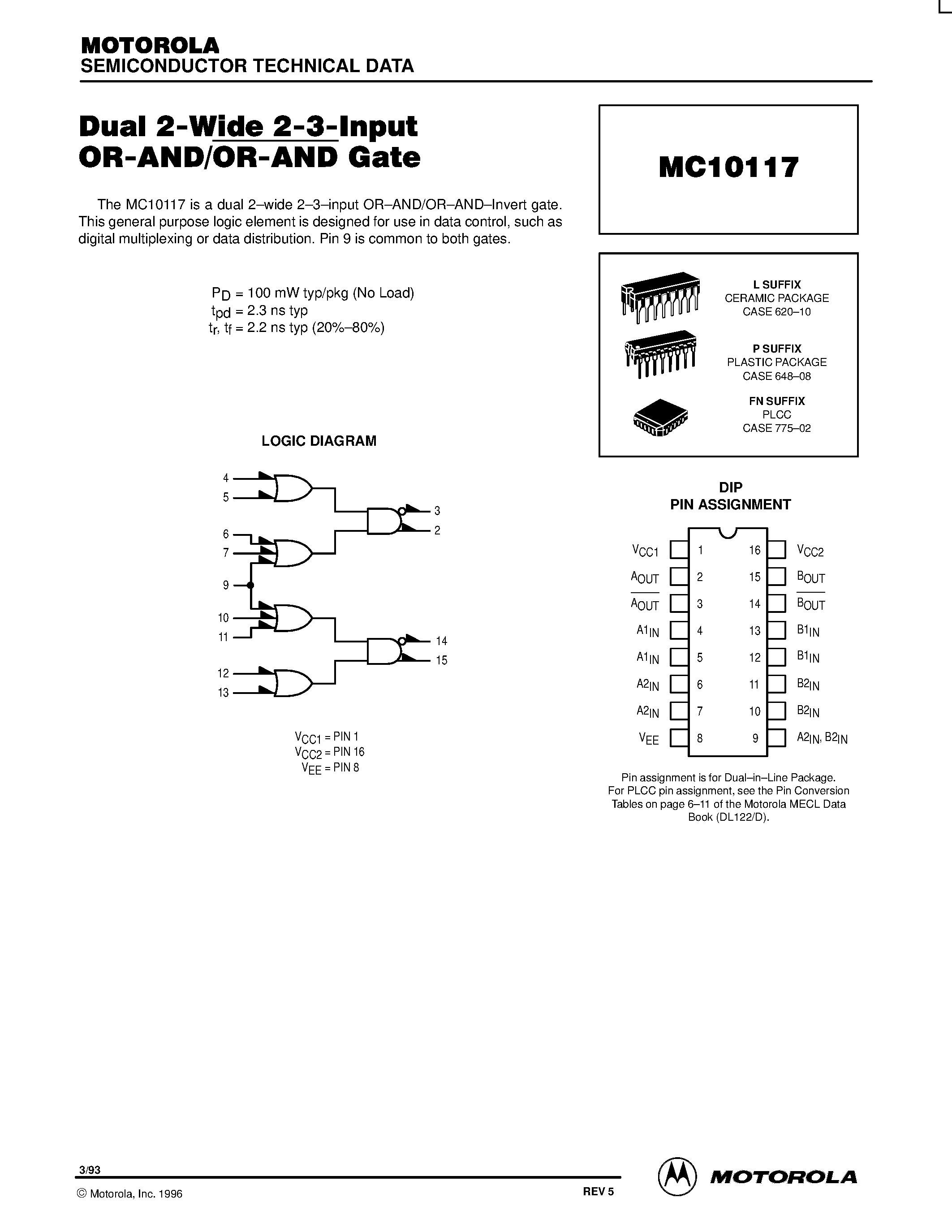 Даташит MC10117P - Dual 2-Wide 2-3-Input OR-AND/OR-AND Gate страница 1
