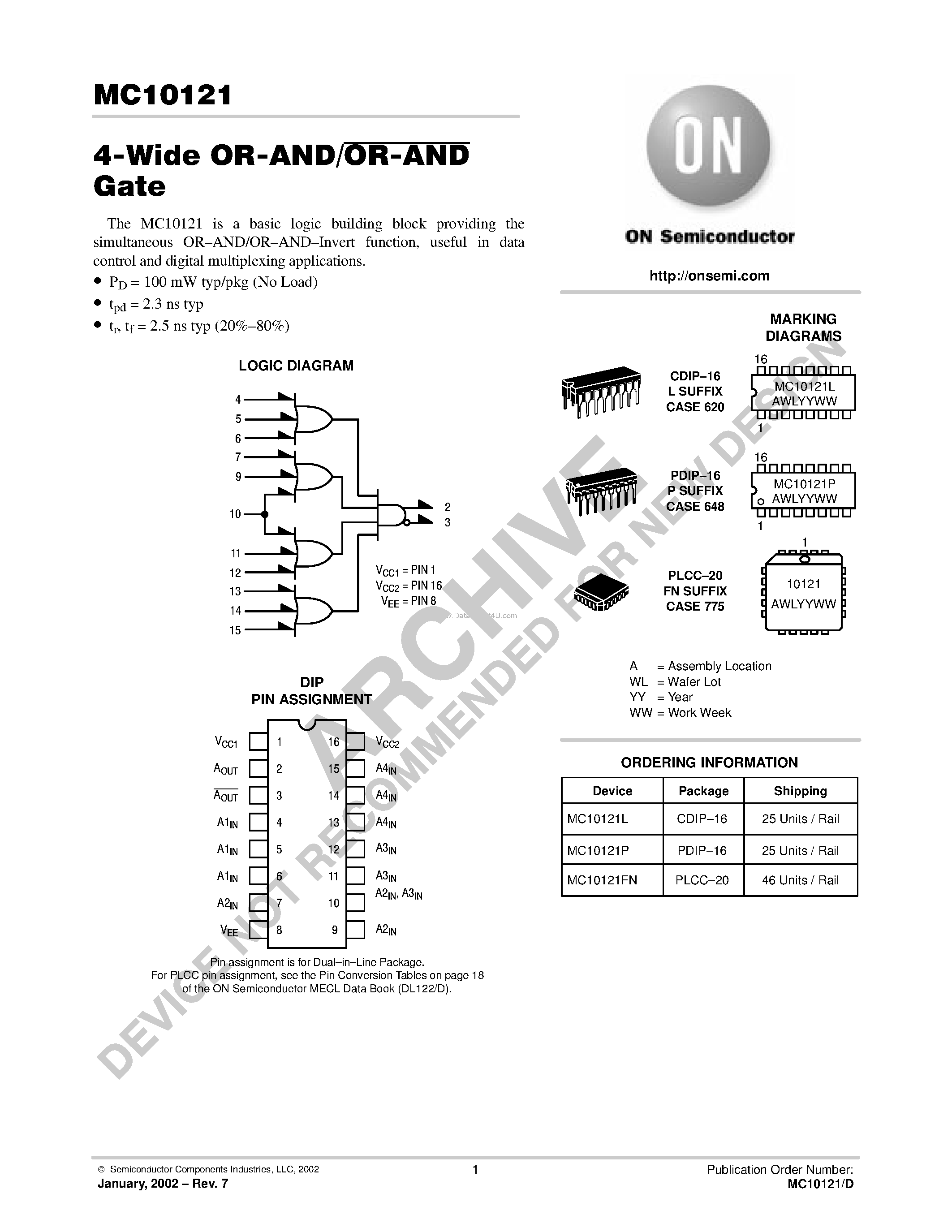 Даташит MC10121 - 4-Wide OR-AND/OR-AND Gate страница 1