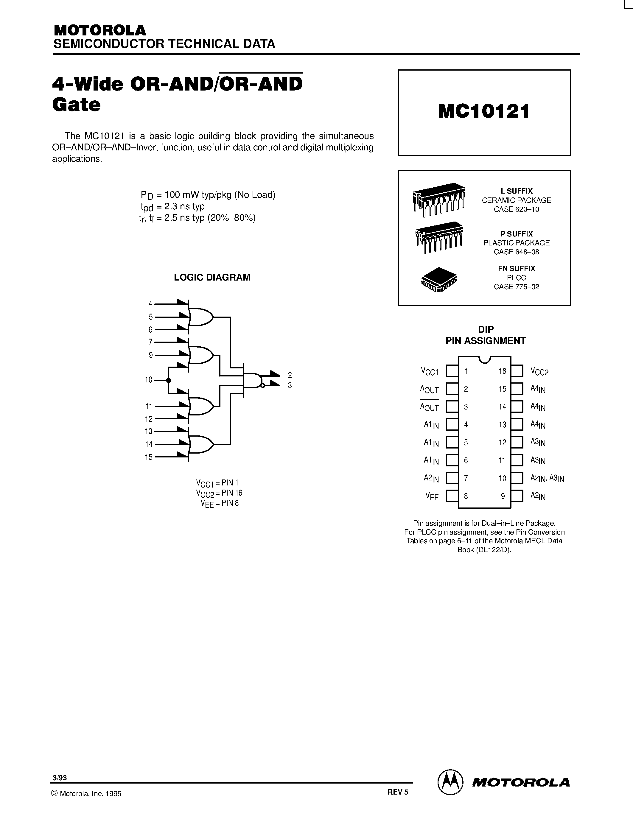 Datasheet MC10121L - 4-Wide OR-AND/OR-AND Gate page 1