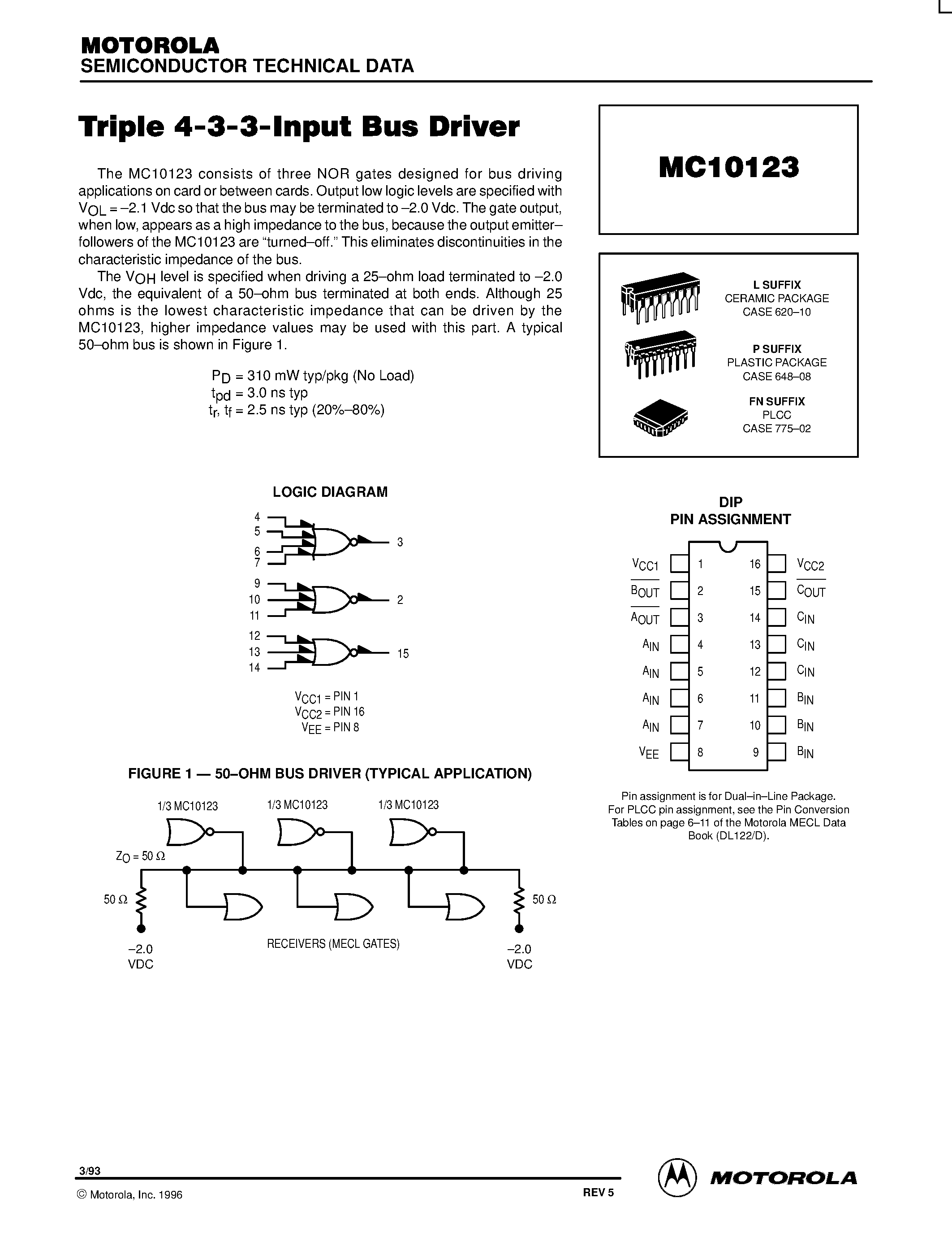 Даташит MC10123P - Triple 4-3-3-Input Bus Driver страница 1