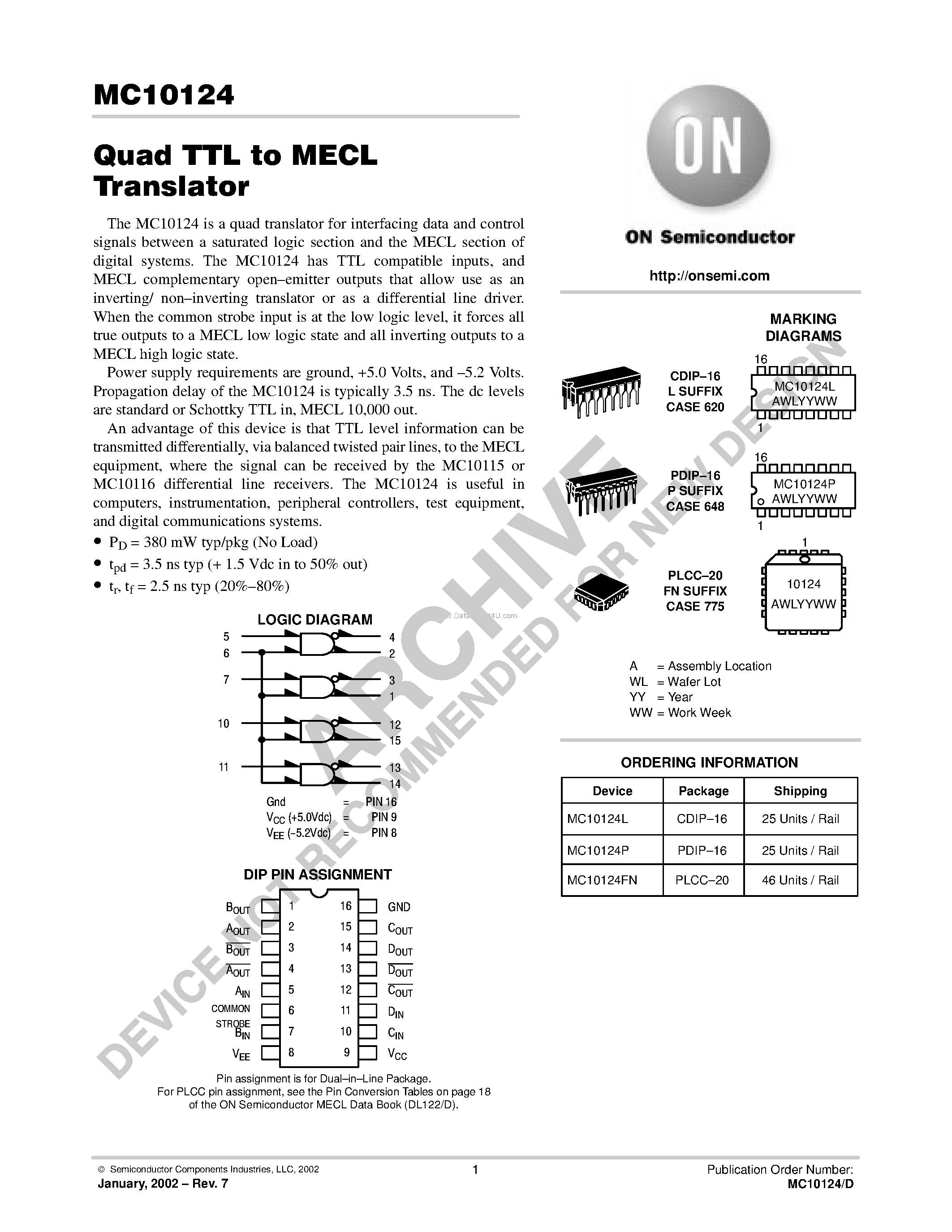 Даташит MC10124 - Quad TTL to MECL Translator страница 1