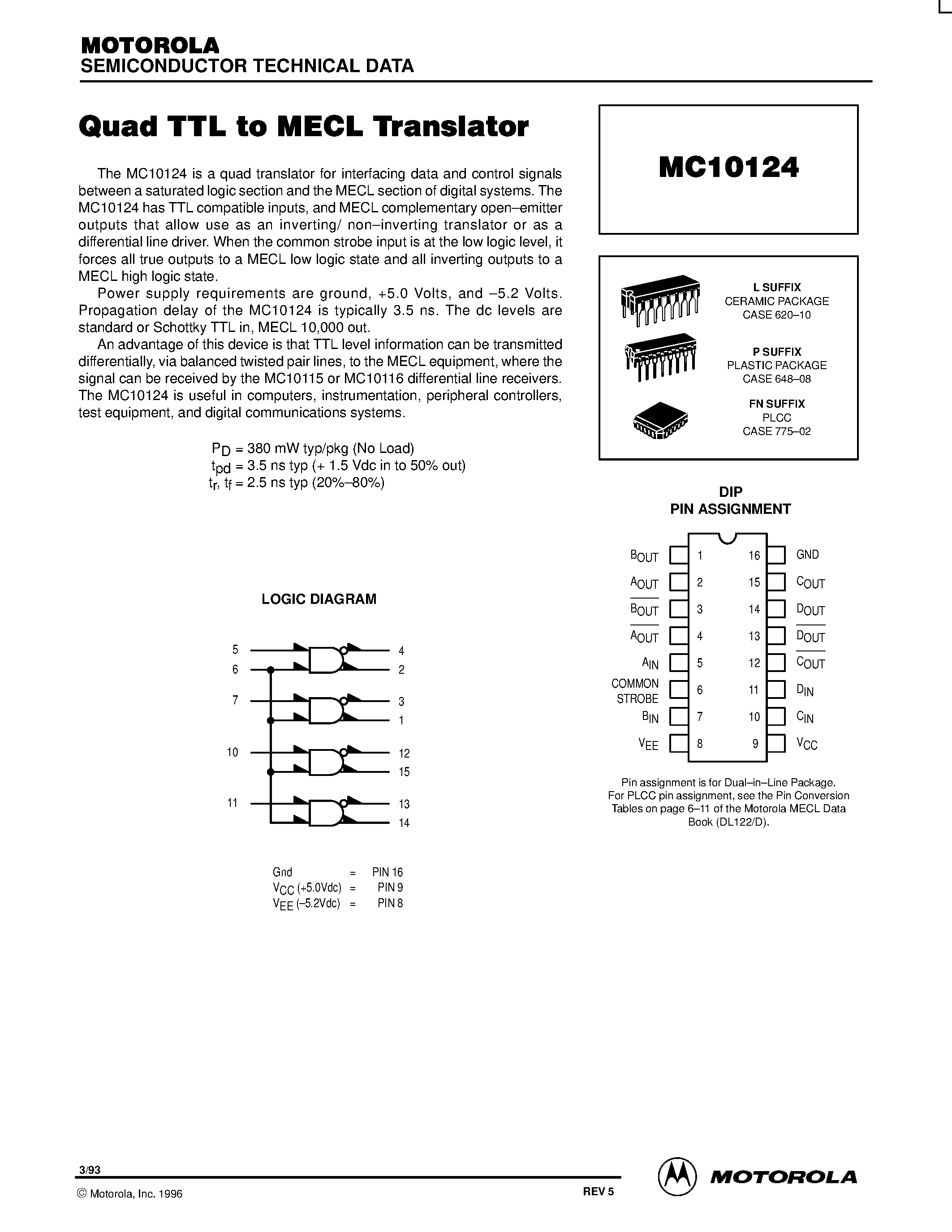 Даташит MC10124FN - Quad TTL to MECL Translator страница 1