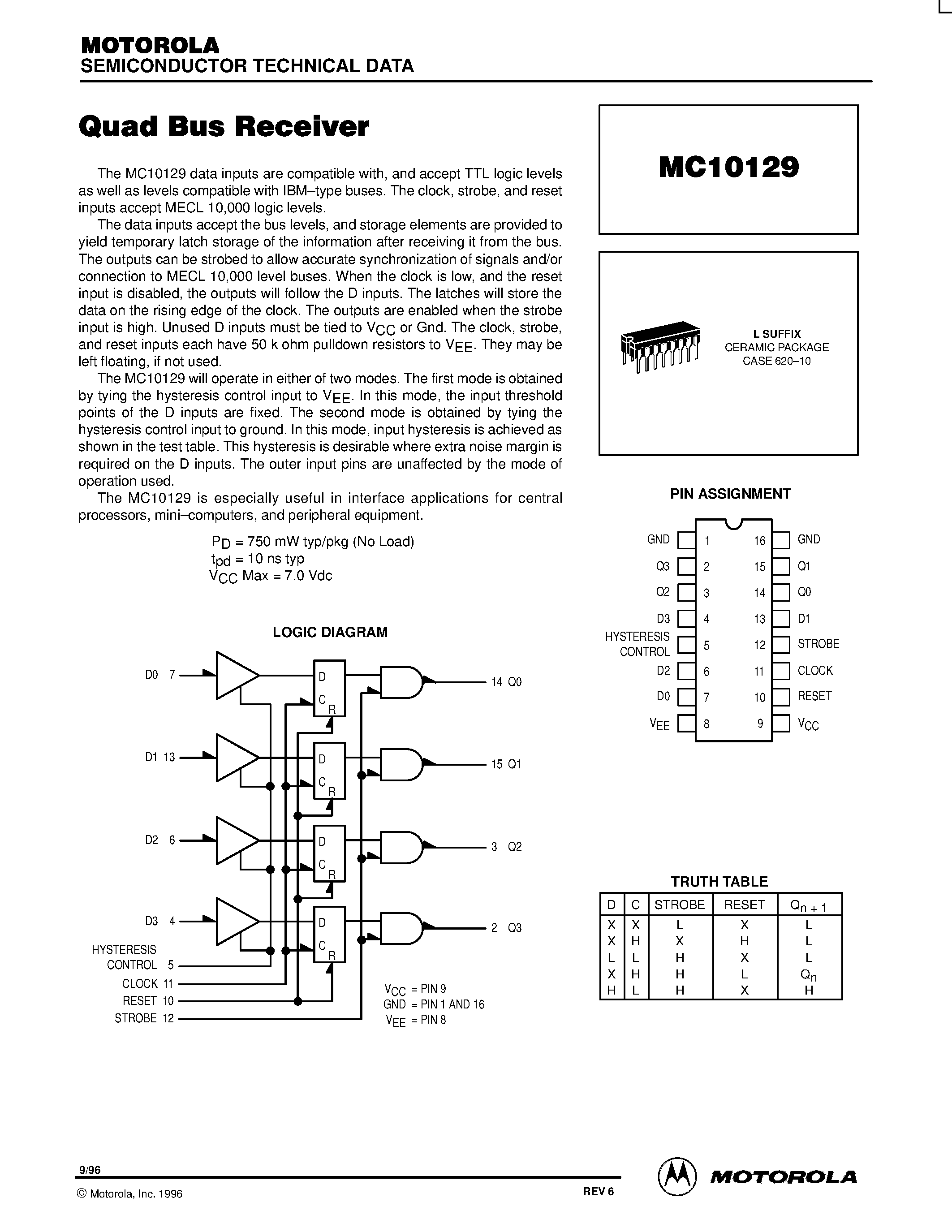 Даташит MC10129L - Quad Bus Receiver страница 1