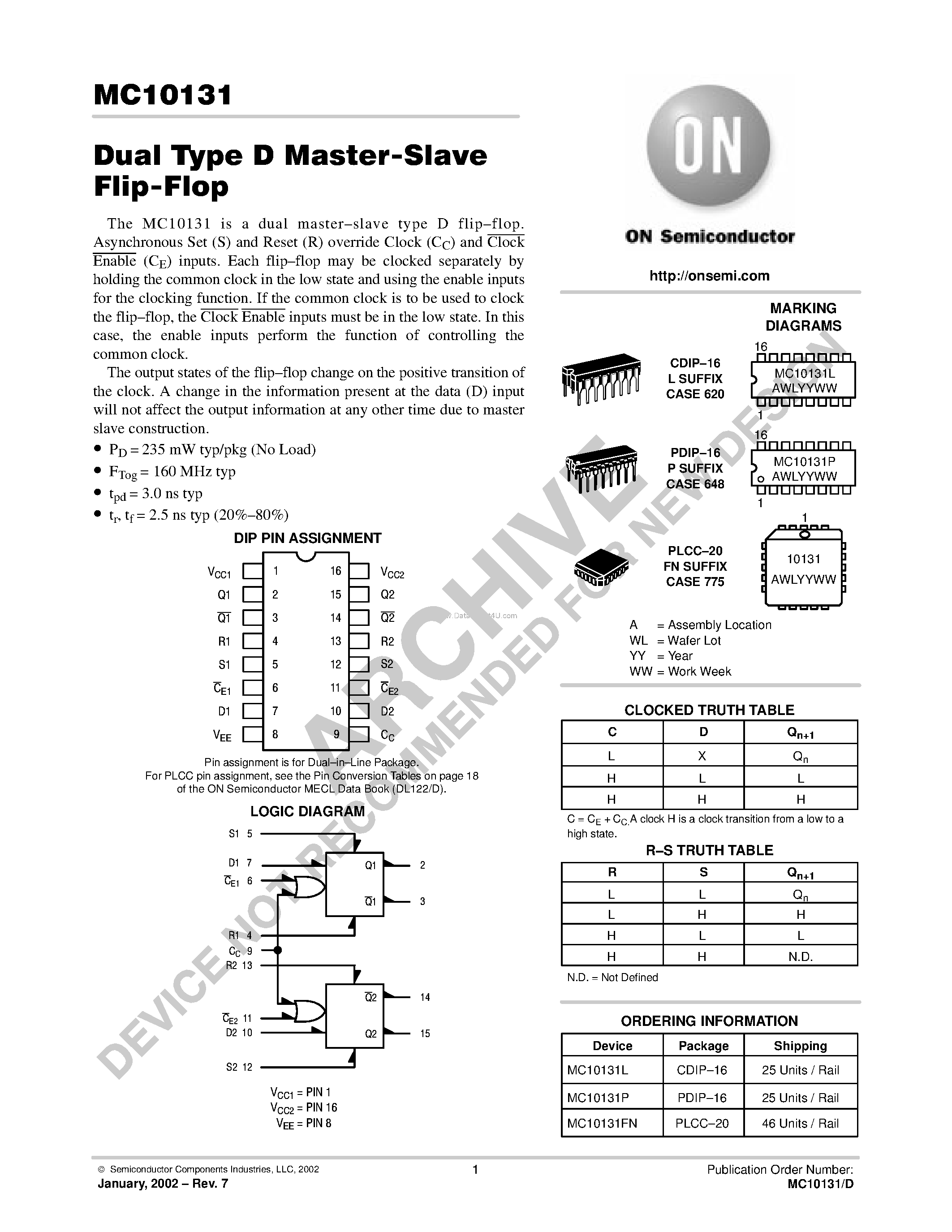 Даташит MC10131 - Dual TYPE D Master-Slave Flip-Flop страница 1