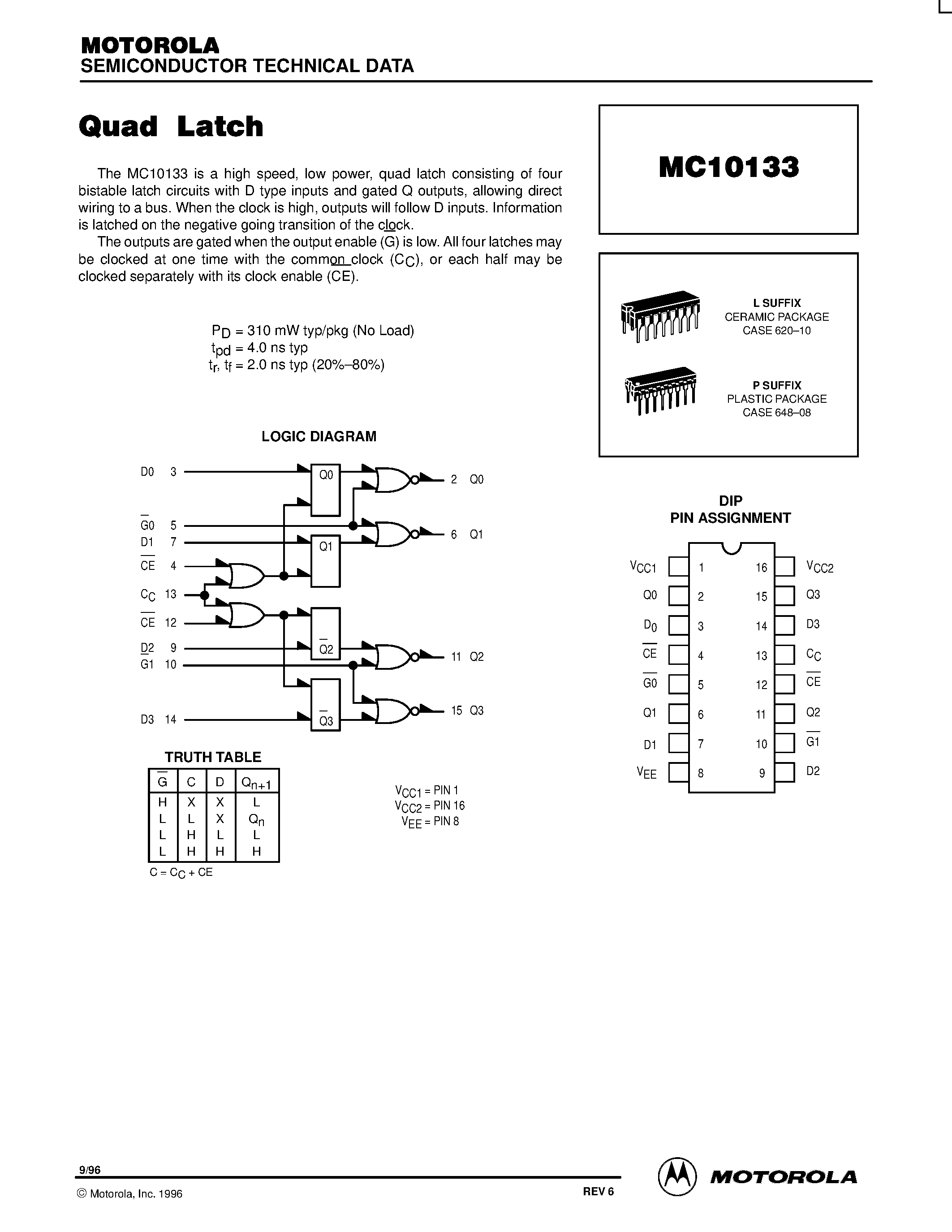 Даташит MC10133P - Quad Latch страница 1