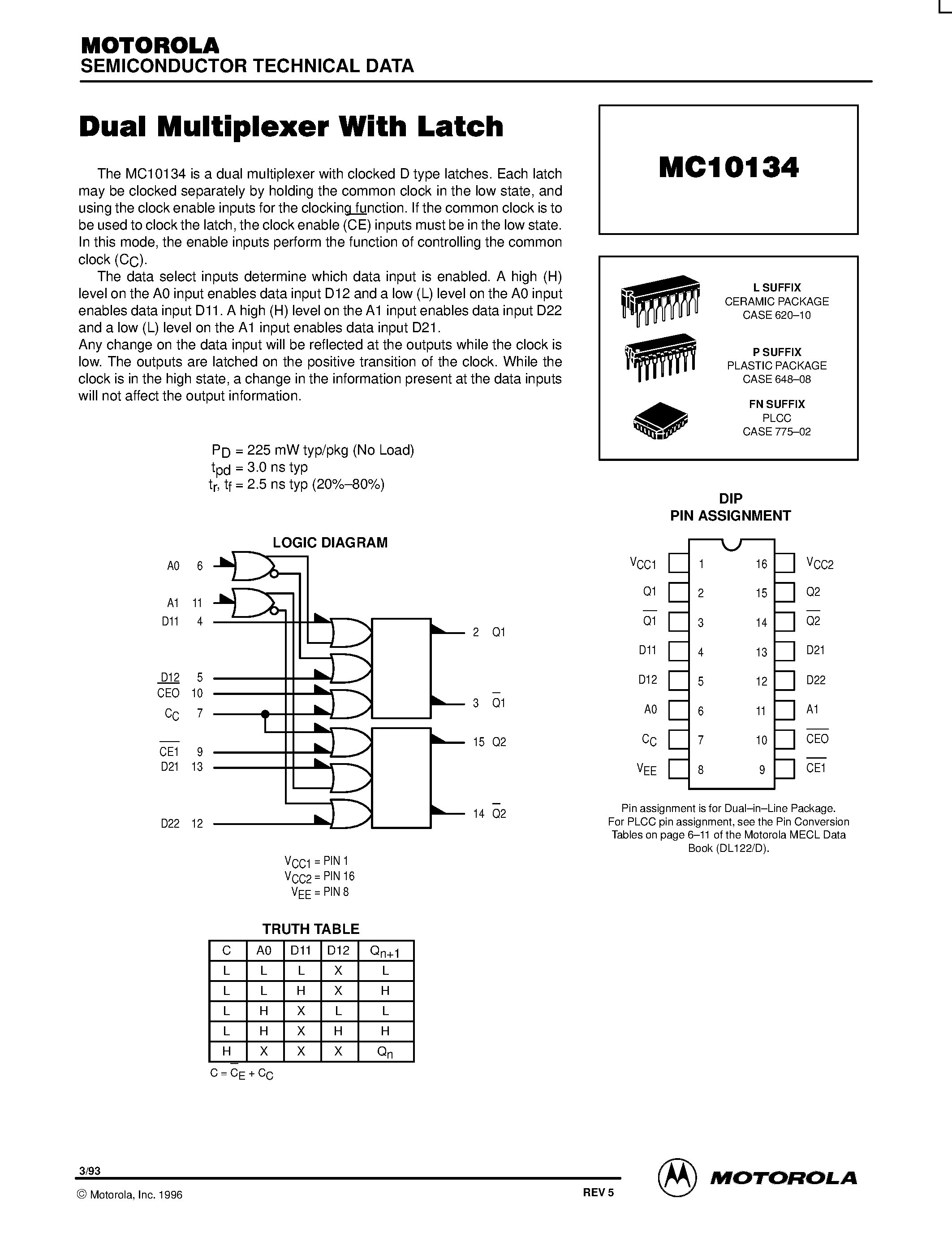 Даташит MC10134FN - Dual Multiplexer With Latch страница 1