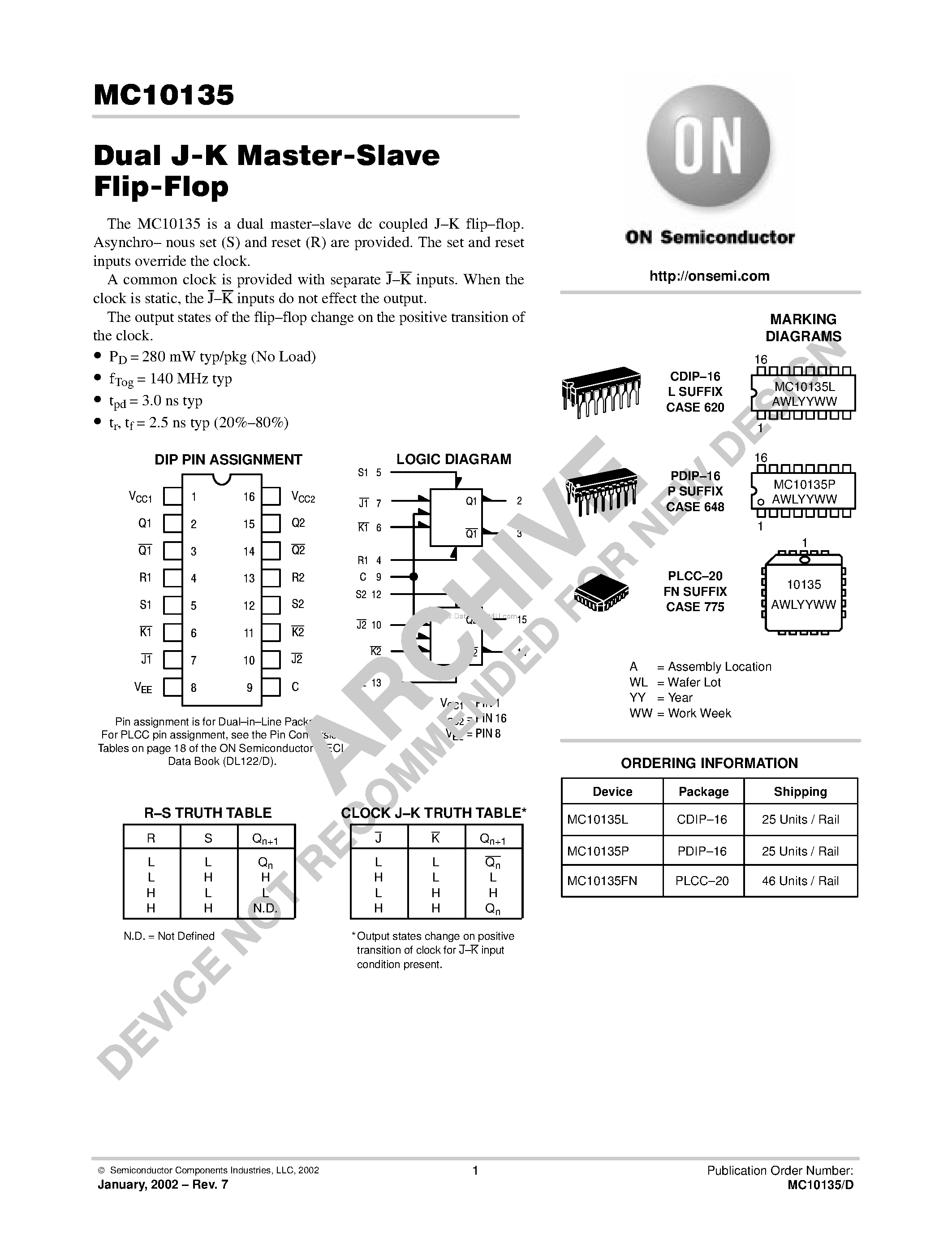 Даташит MC10135 - Dual J-K Master-Slave Flip-Flop страница 1