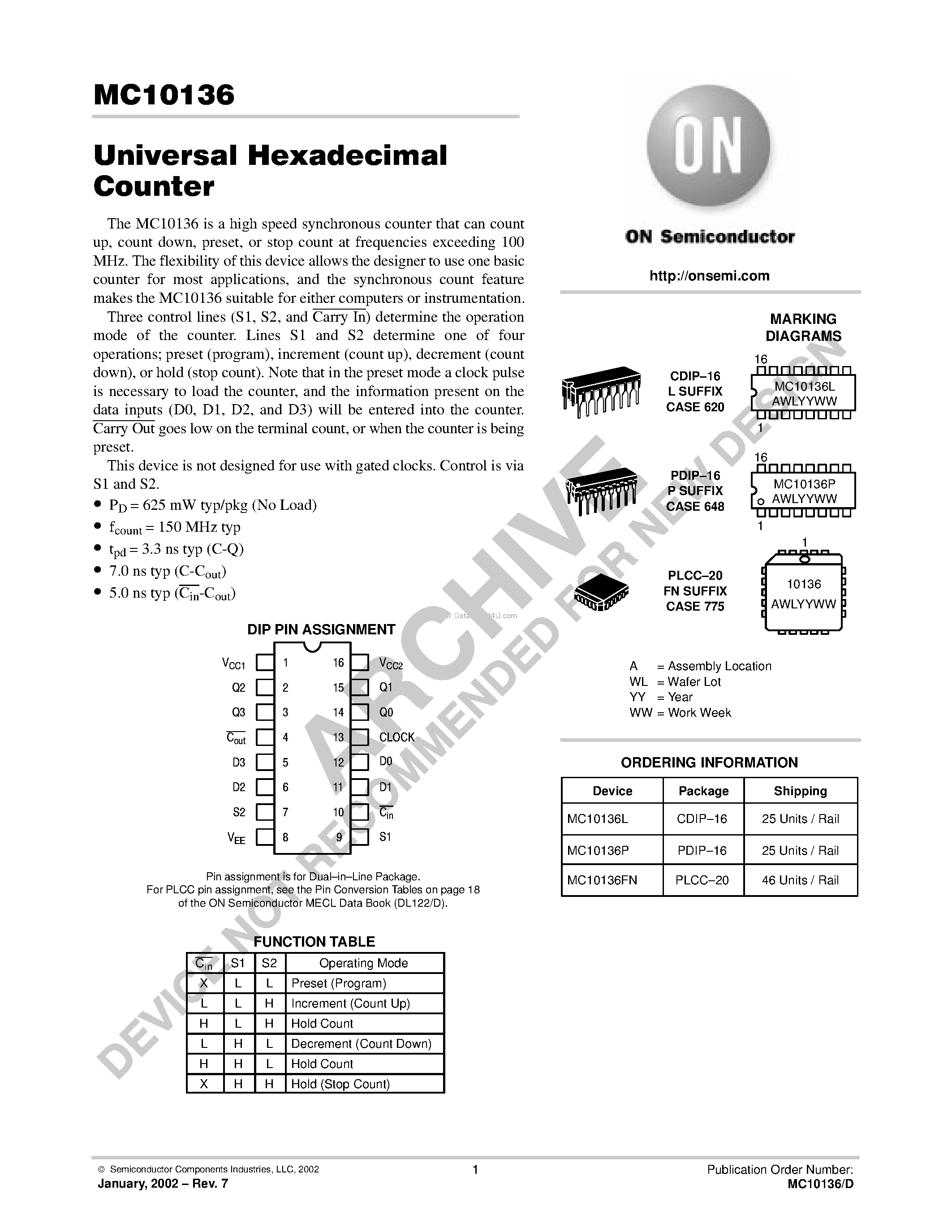 Даташит MC10136 - Universal Hexadecimal Counter страница 1