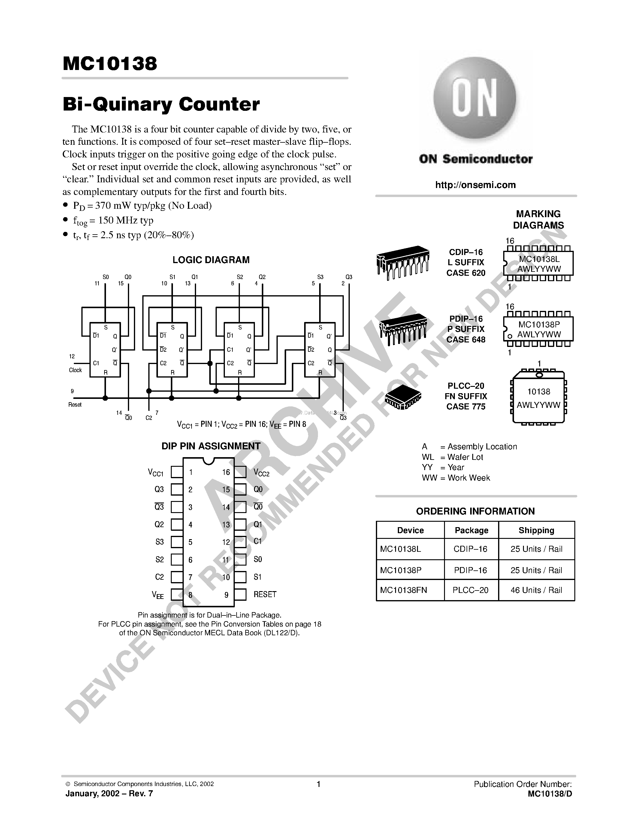 Даташит на микросхему MC10138 страница 1 Даташит MC10138 - Bi-Quinary Counter страница 1