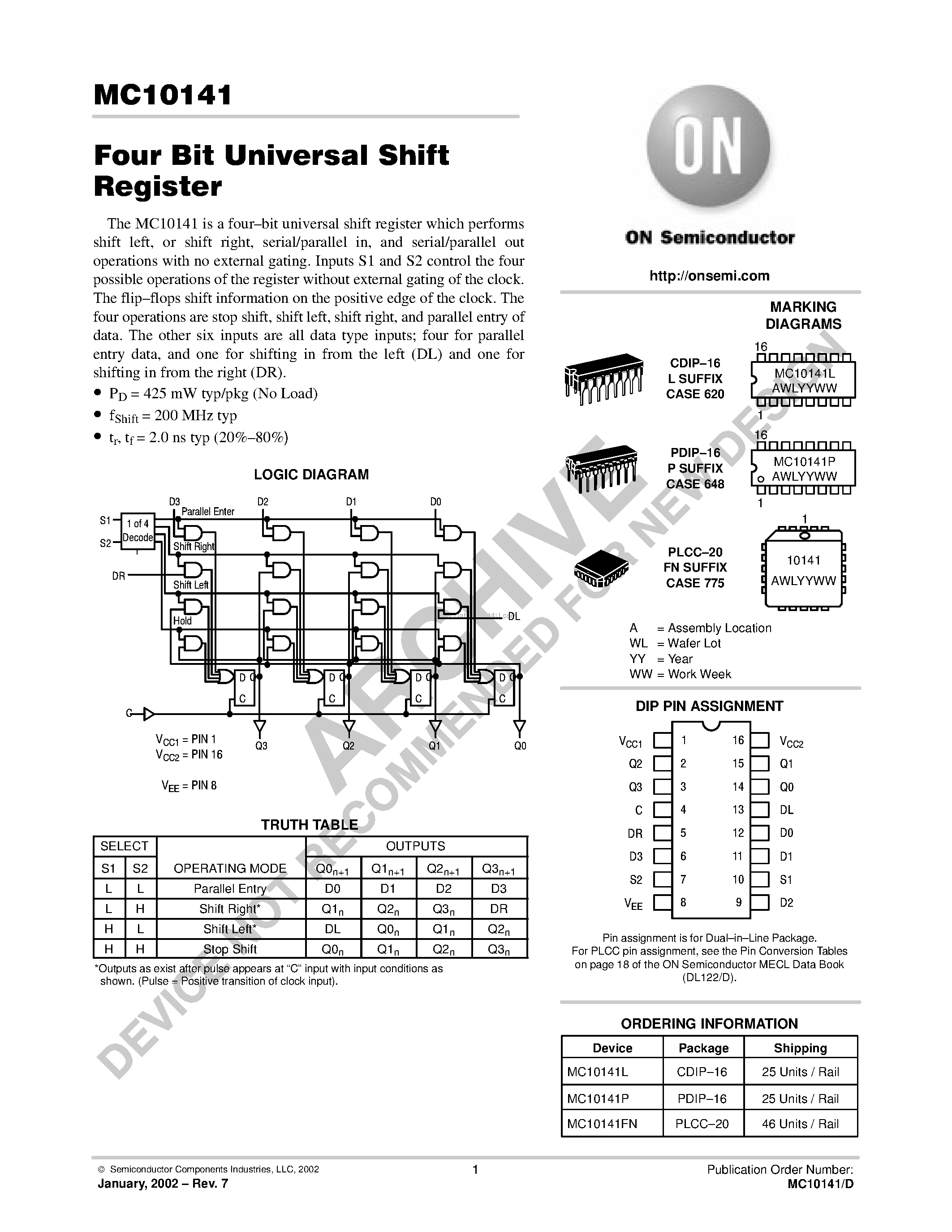 Даташит MC10141 - Four Bit Universal Shift Register страница 1