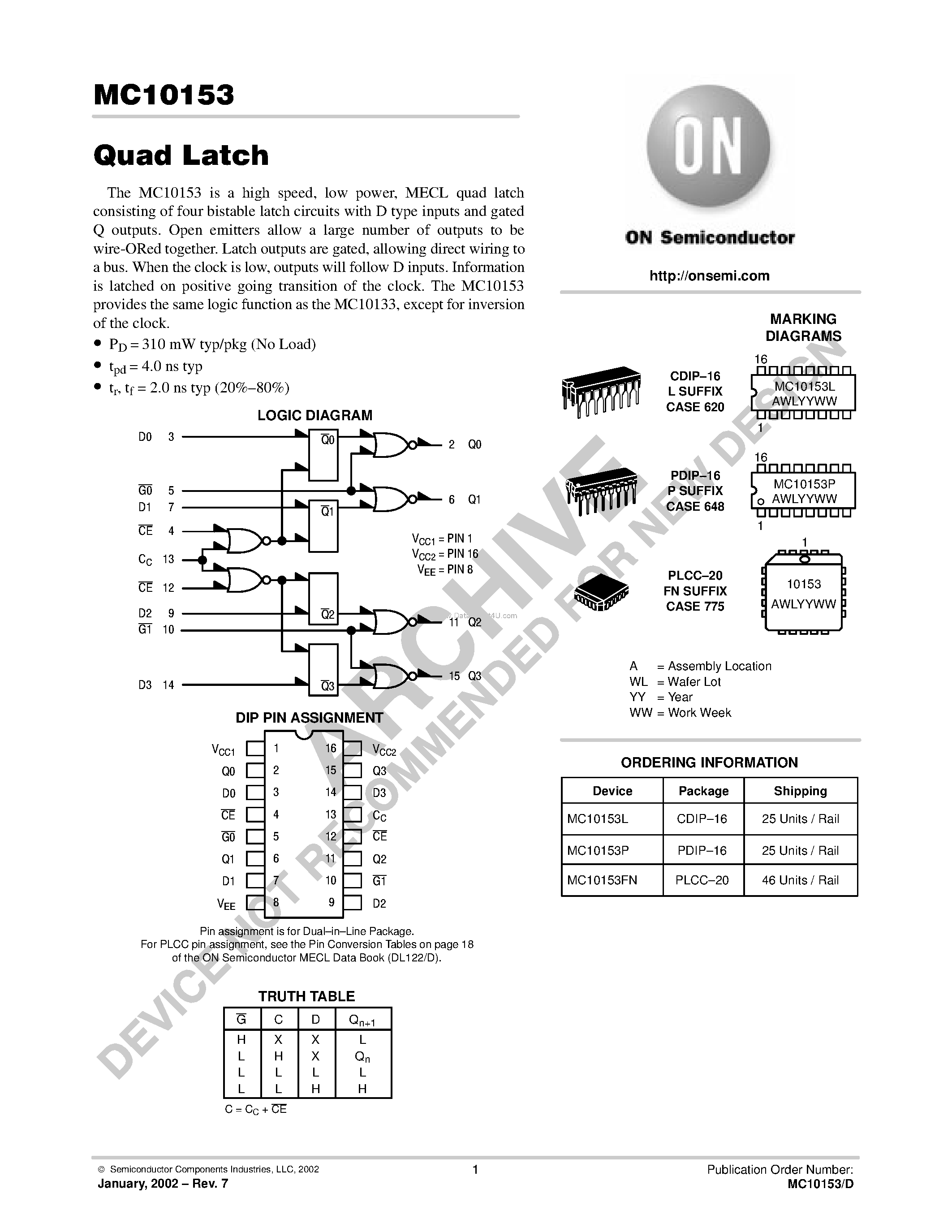 Даташит MC10153 - Quad Latch страница 1