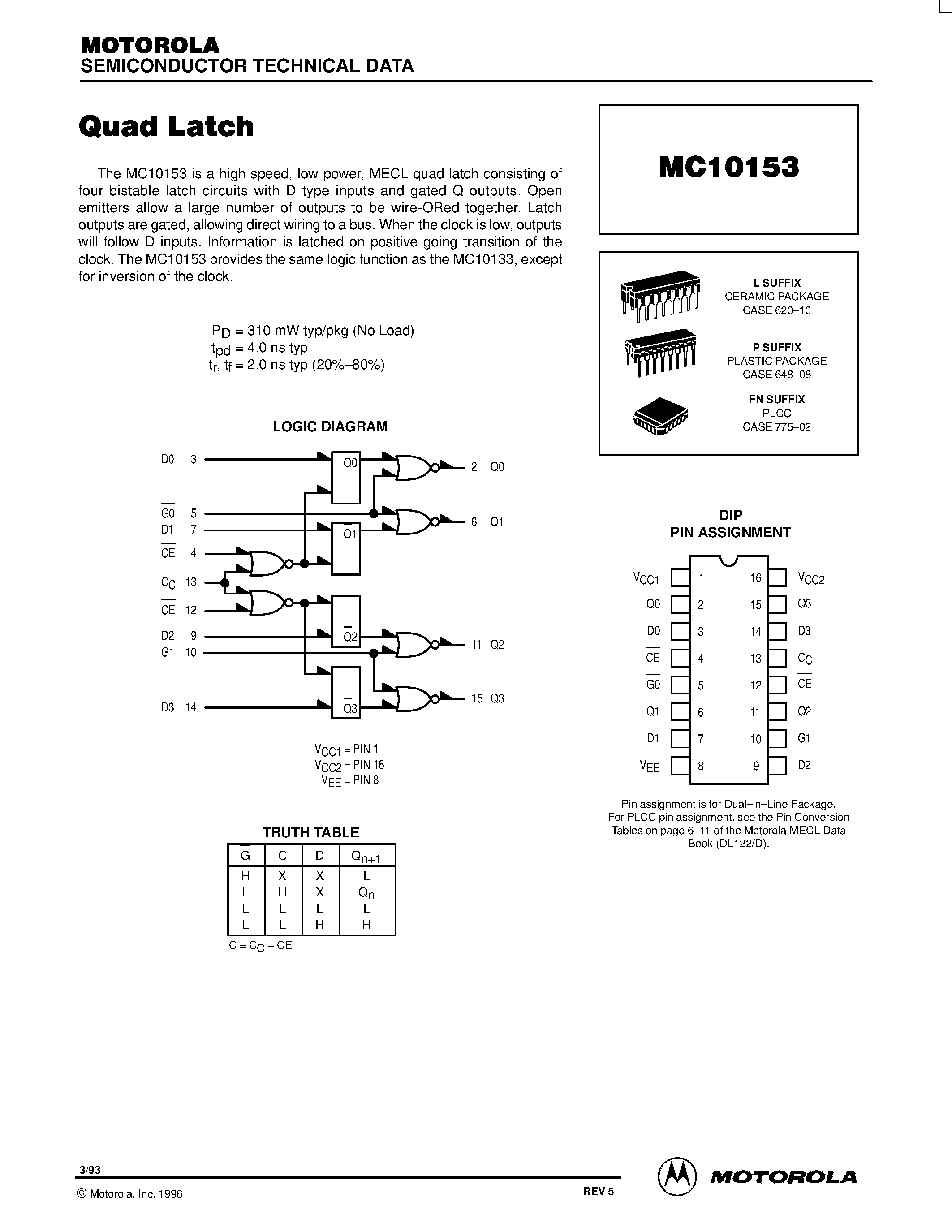 Даташит MC10153FN - Quad Latch страница 1