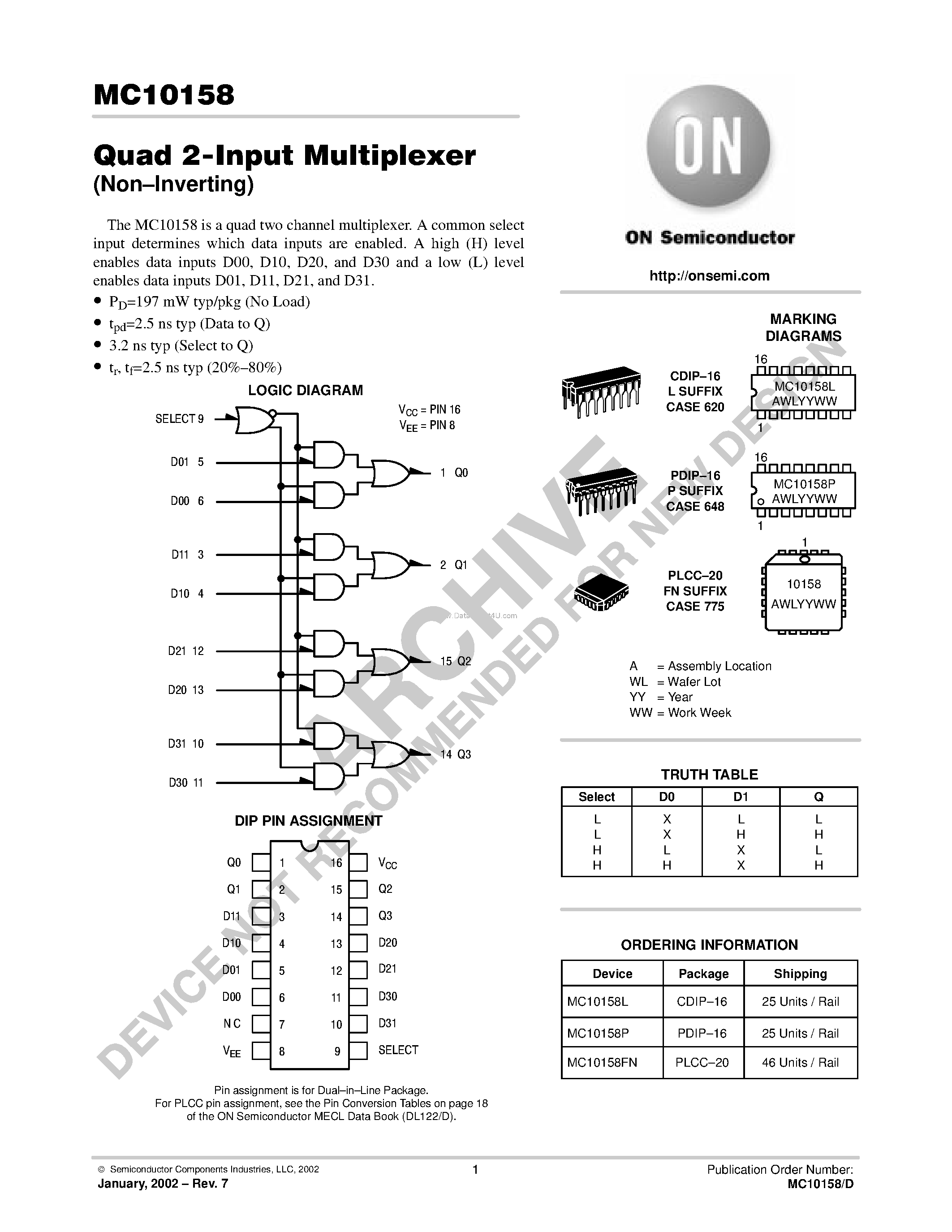 Даташит MC10158 - Quad 2-Input Multiplexer(Non-Inverting) страница 1