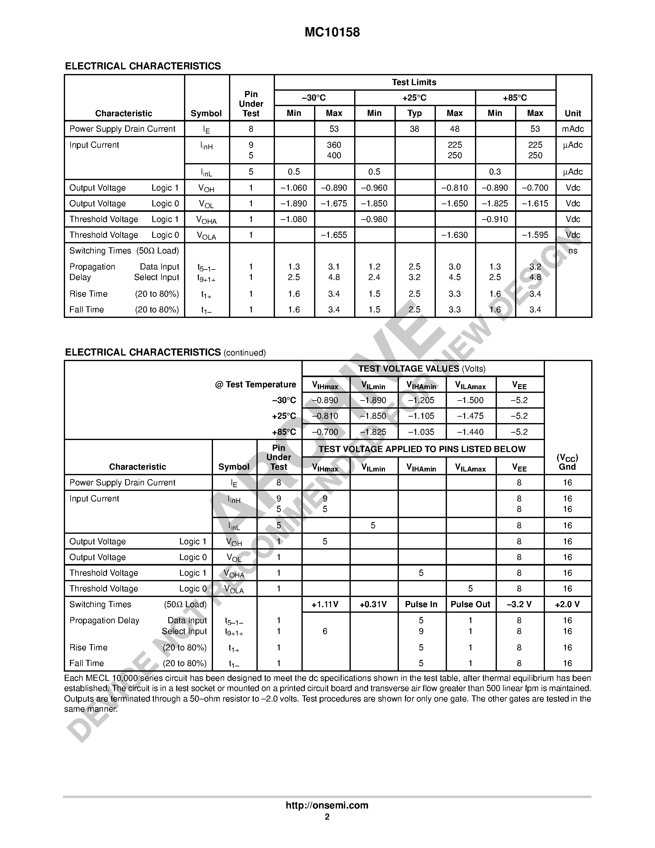 Даташит MC10158 - Quad 2-Input Multiplexer(Non-Inverting) страница 2