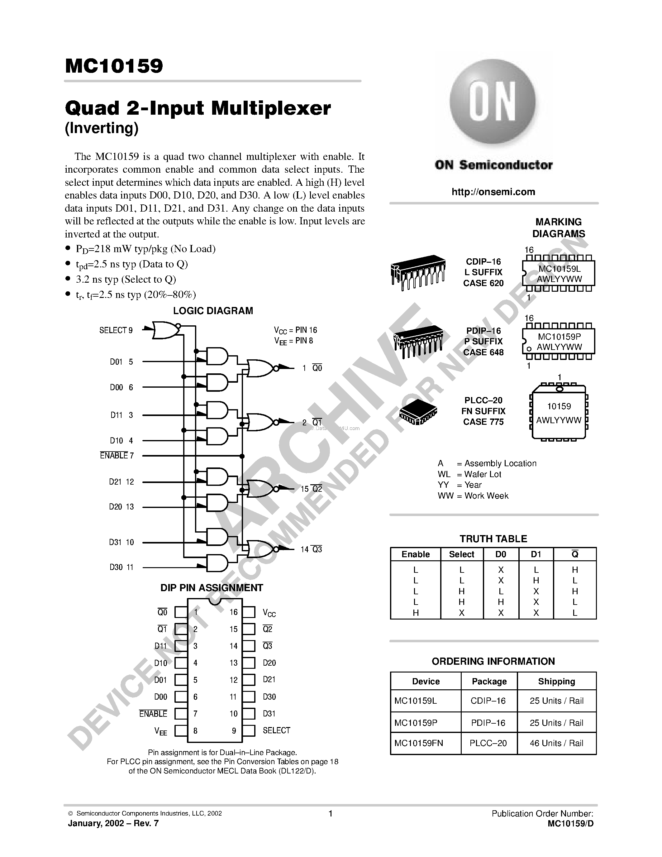 Даташит MC10159 - Quad 2-Input Multiplexer(Inverting) страница 1