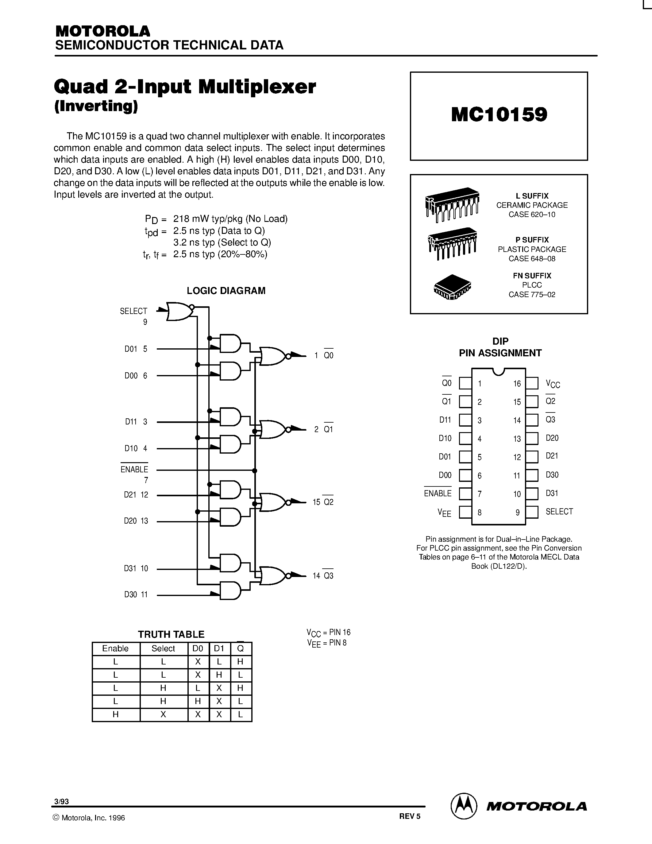 Даташит MC10159L - Quad 2-Input Multiplexer страница 1
